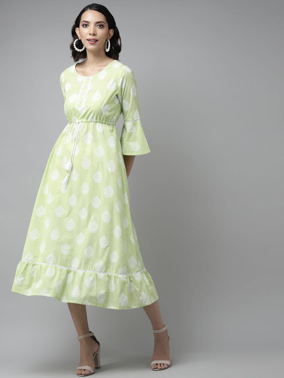 amirah s green & white ethnic motifs ethnic a-line midi dress