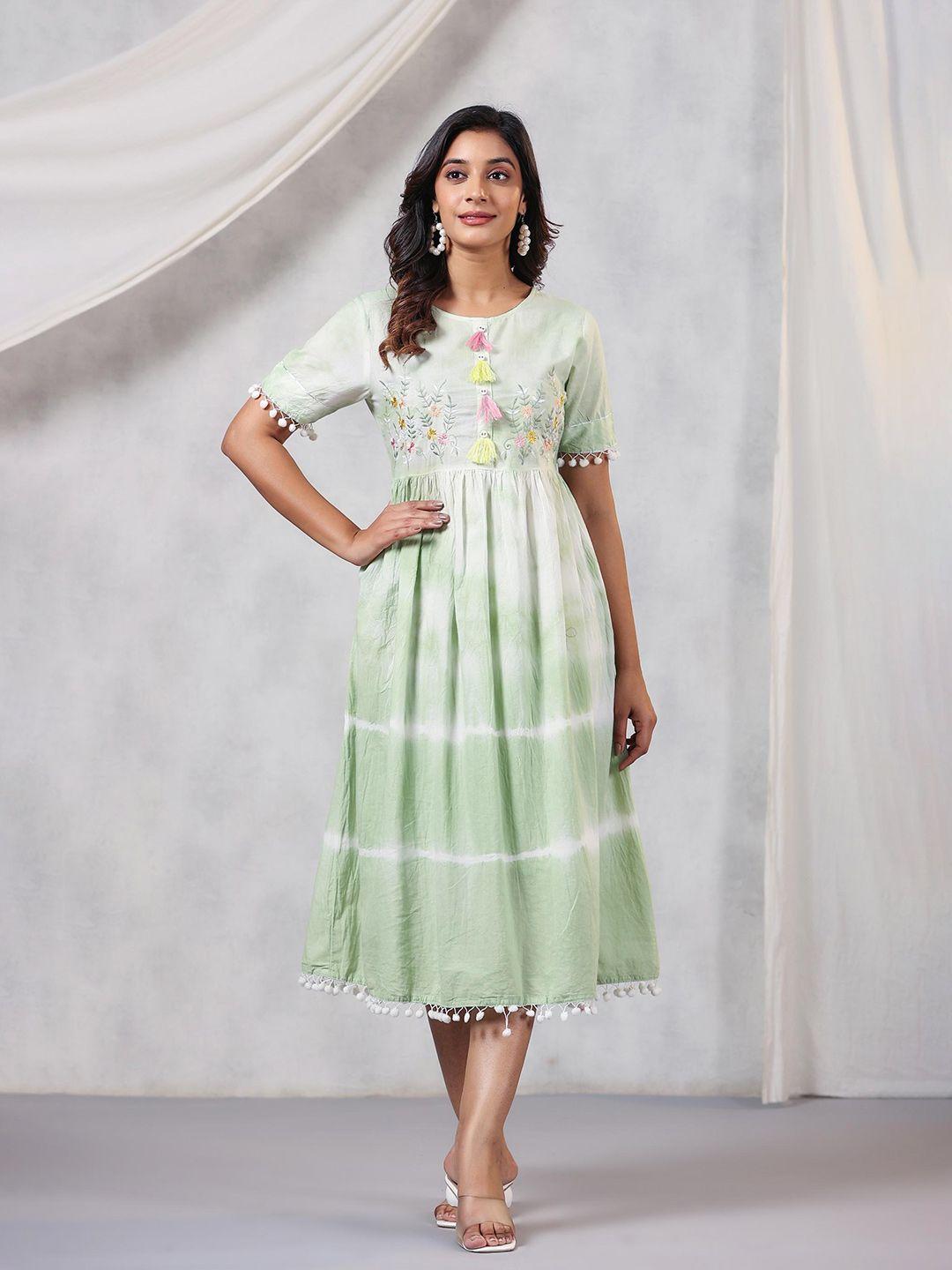 amirah s green tie and dye embroidered fit & flare dress