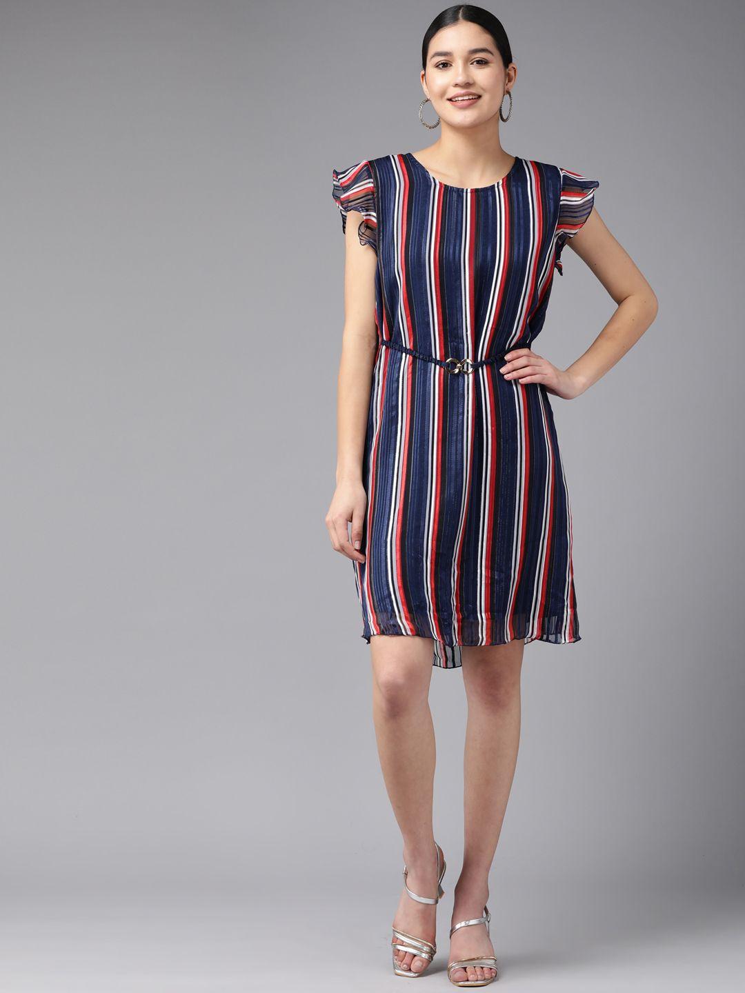 amirah s navy blue & white striped georgette a-line dress