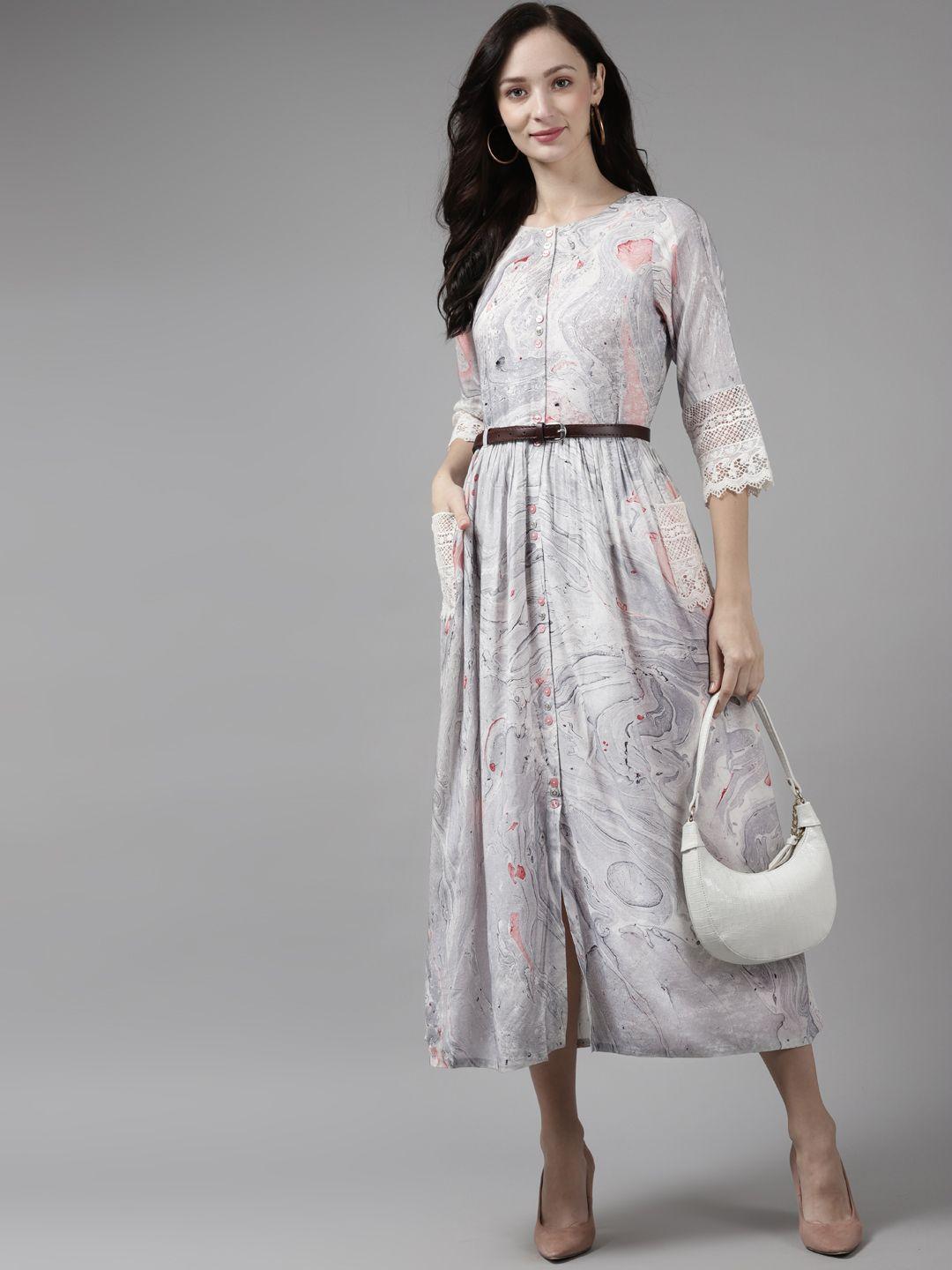 amirah s off white & grey printed midi dress with schifli pockets