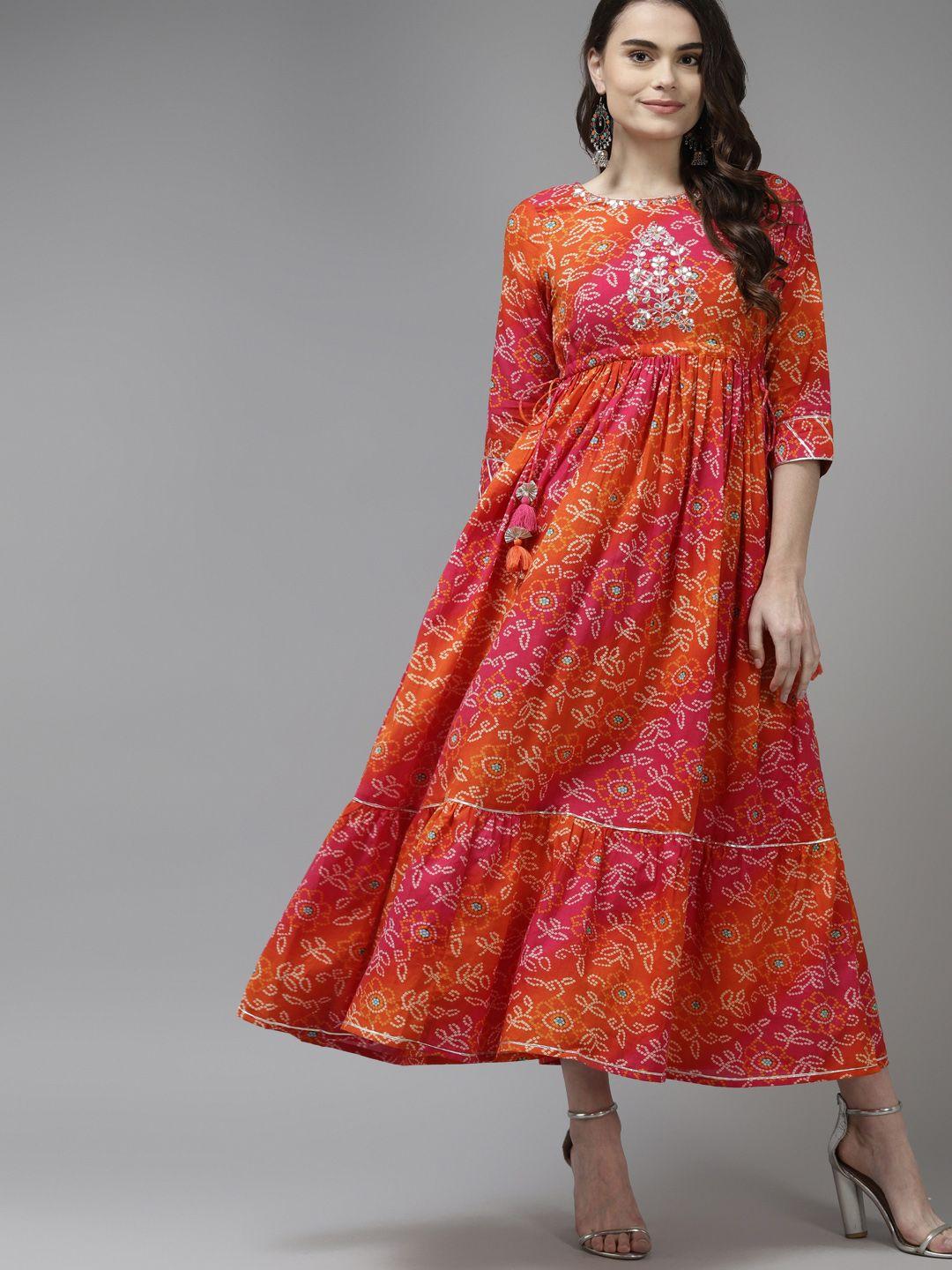 amirah s orange & white bandhani print ethnic midi dress with gotta patti