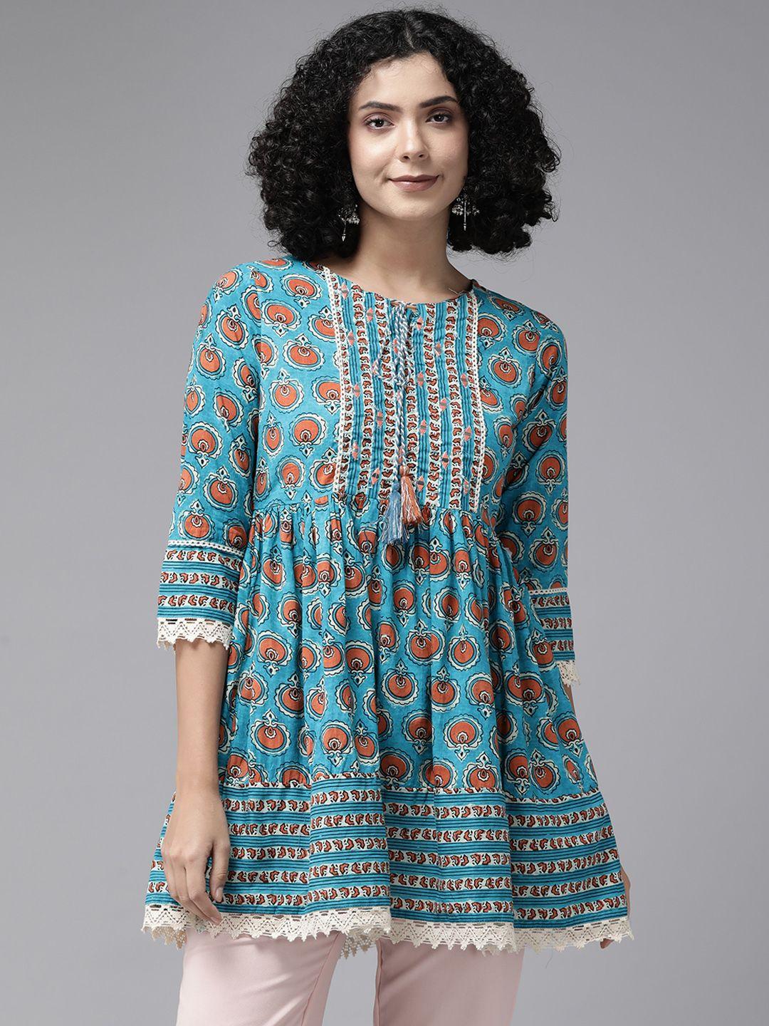 amirah s printed pure cotton tunic with lace detail