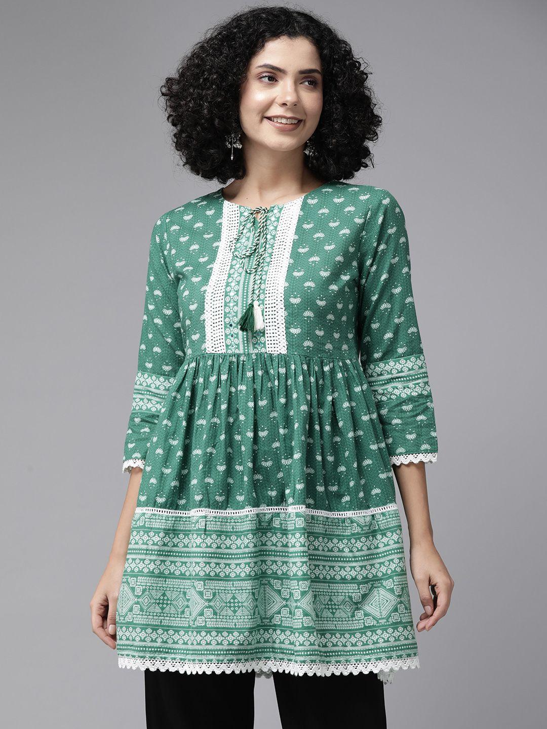 amirah s printed pure cotton tunic with lace detail