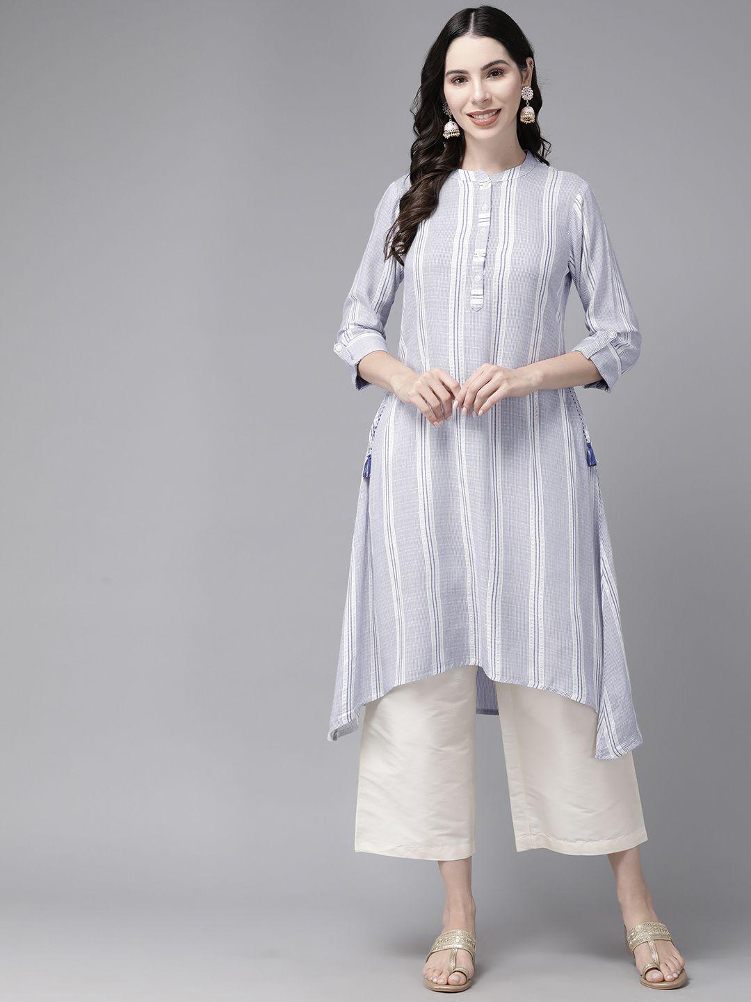 amirah s striped zari mandarin collar roll-up sleeves kurta