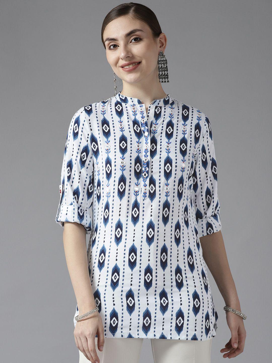 amirah s white & navy blue print mandarin collar roll-up sleeves shirt style top