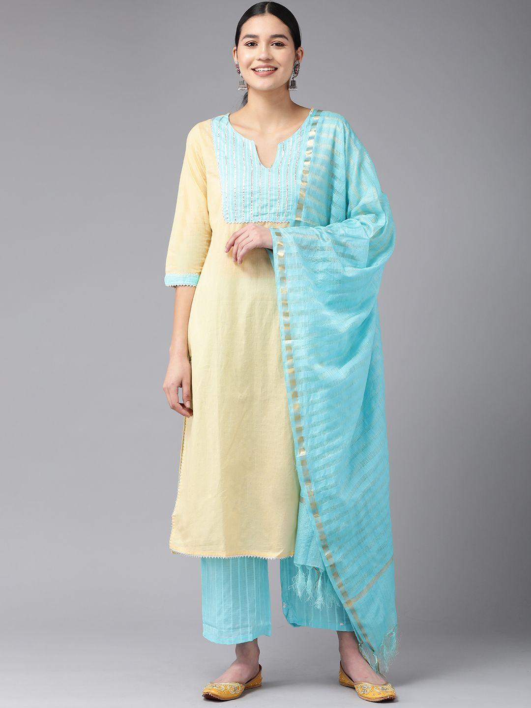 amirah s women beige yoke design gotta patti pure cotton kurta with palazzos & with dupatta