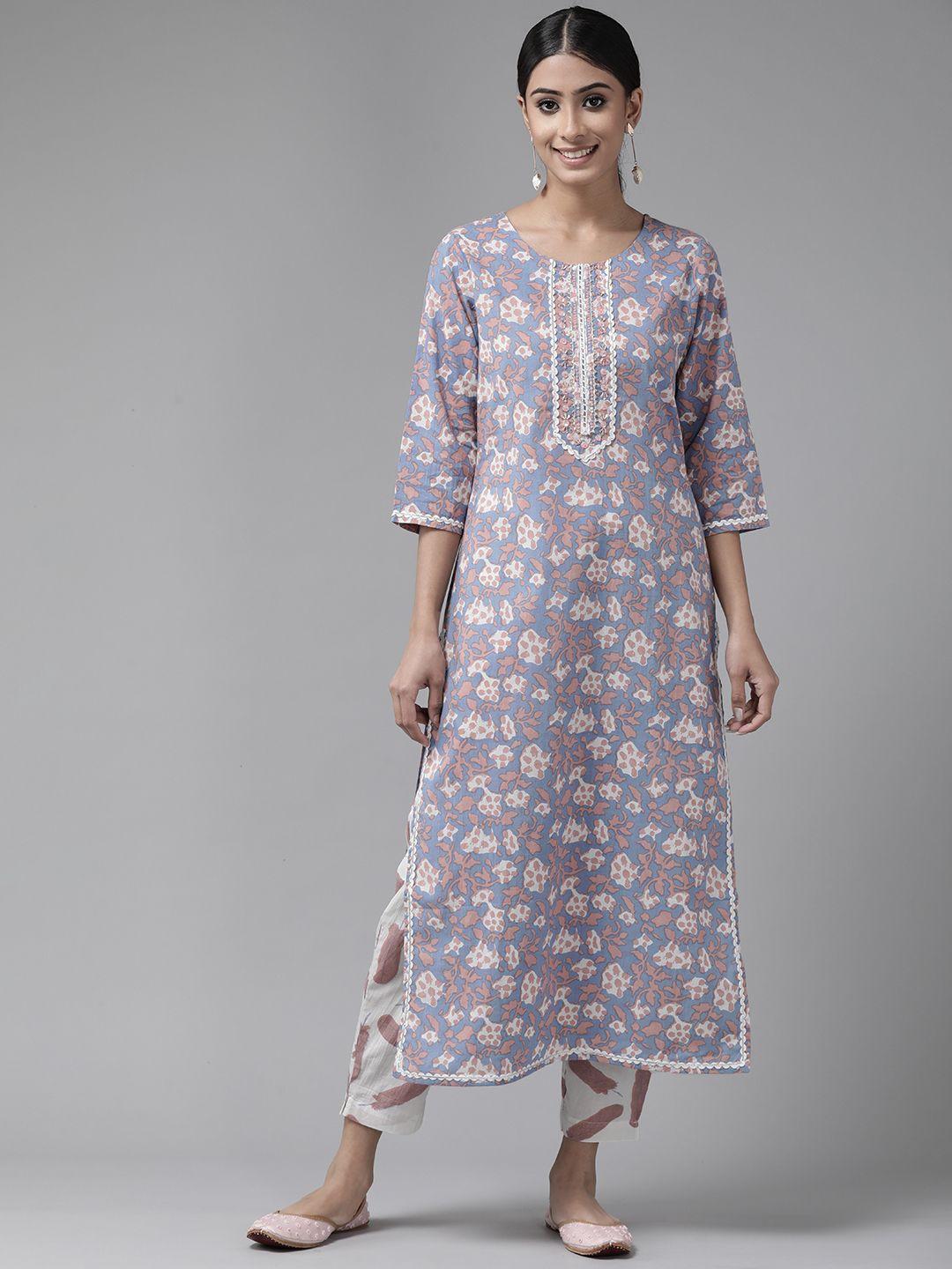 amirah s women blue & white ethnic motifs printed sequinned cotton kurta with trousers