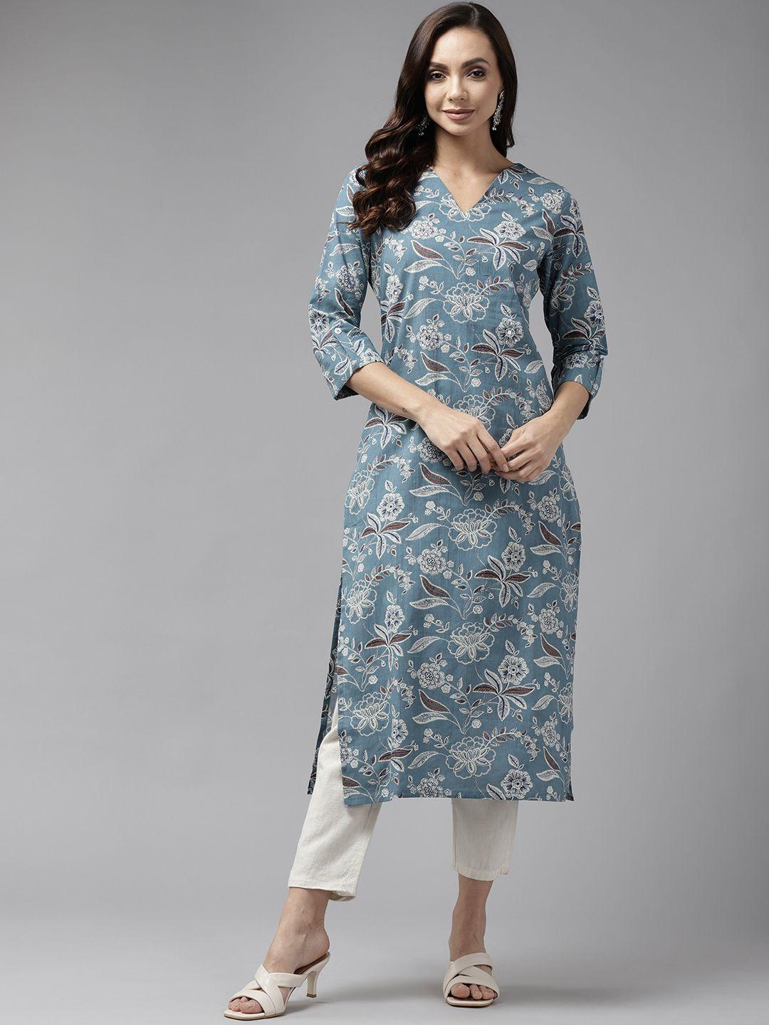 amirah s women blue & white ethnic motifs screen print cotton straight kurta