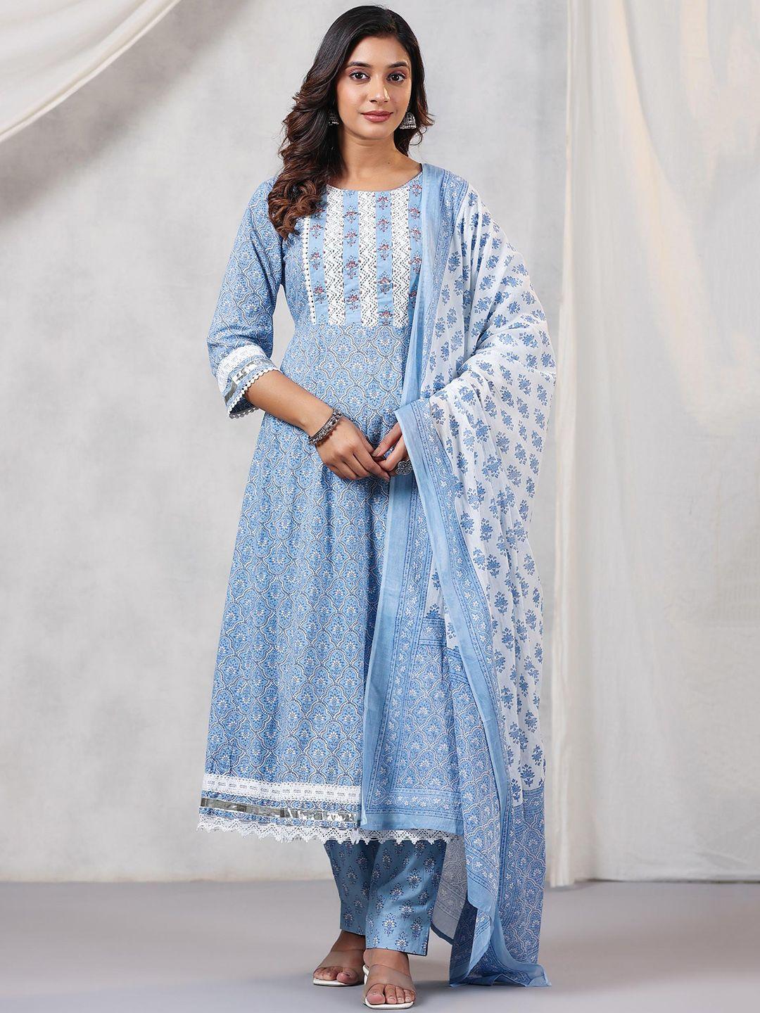 amirah s women blue floral embroidered tiered beads and stones pure cotton kurta with trousers & with dupatta