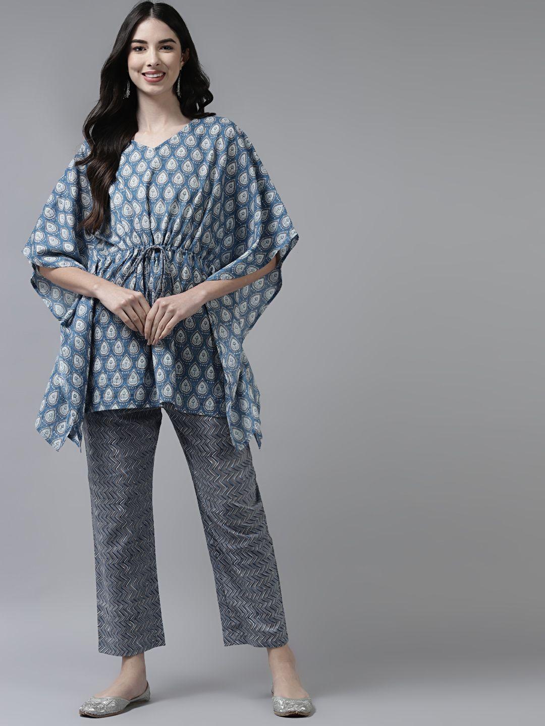 amirah s women blue printed regular pure cotton kurti with trousers