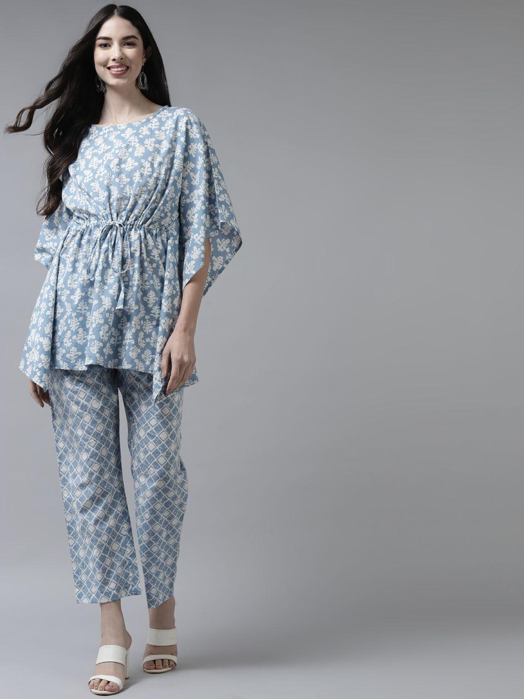 amirah s women blue printed regular pure cotton top with trousers