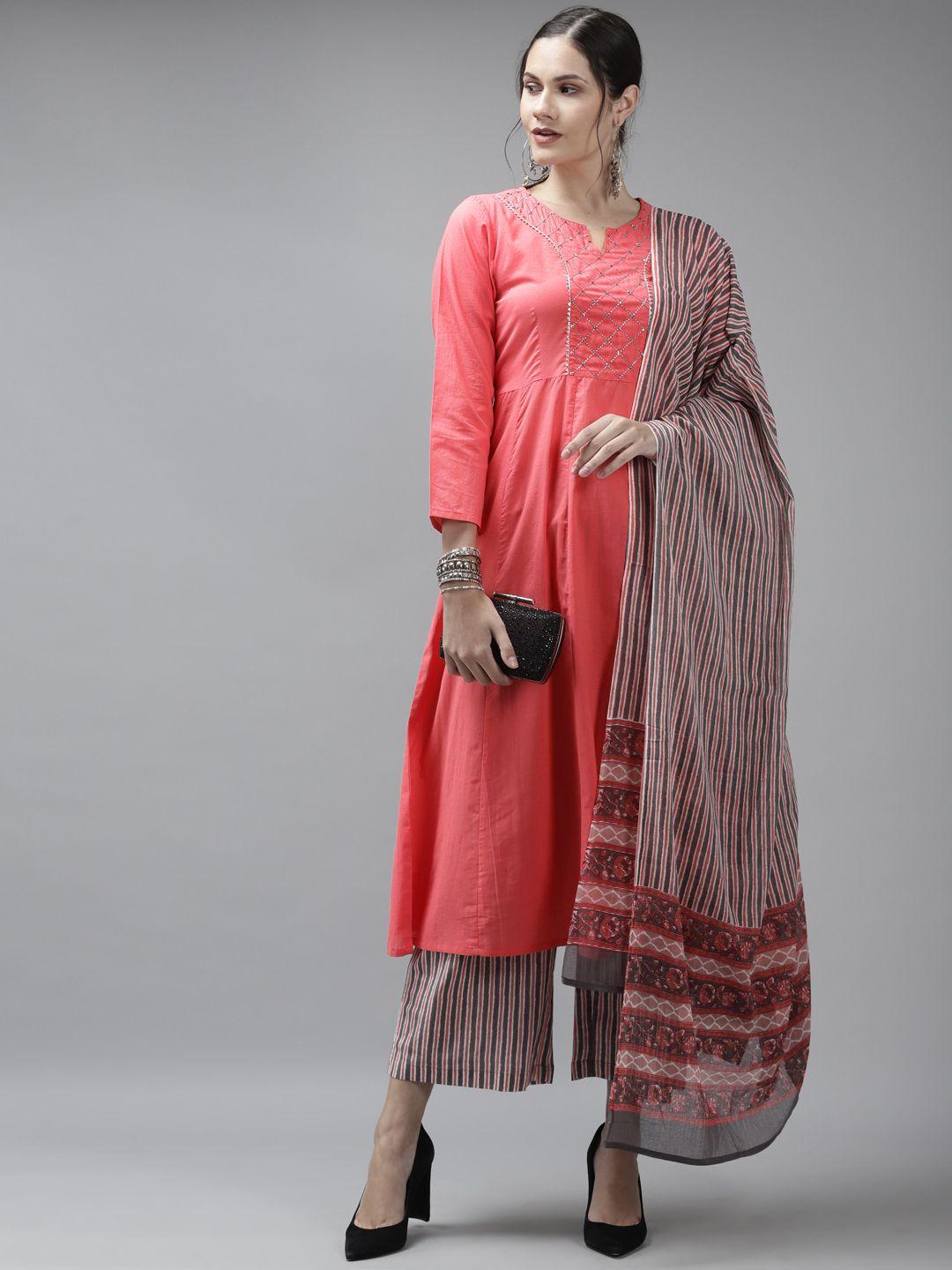 amirah s women coral pink & grey pure cotton kurta with palazzos & with dupatta
