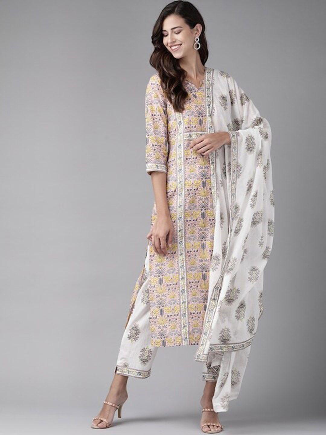 amirah s women floral printed notch neck pure cotton kurta with trousers & dupatta