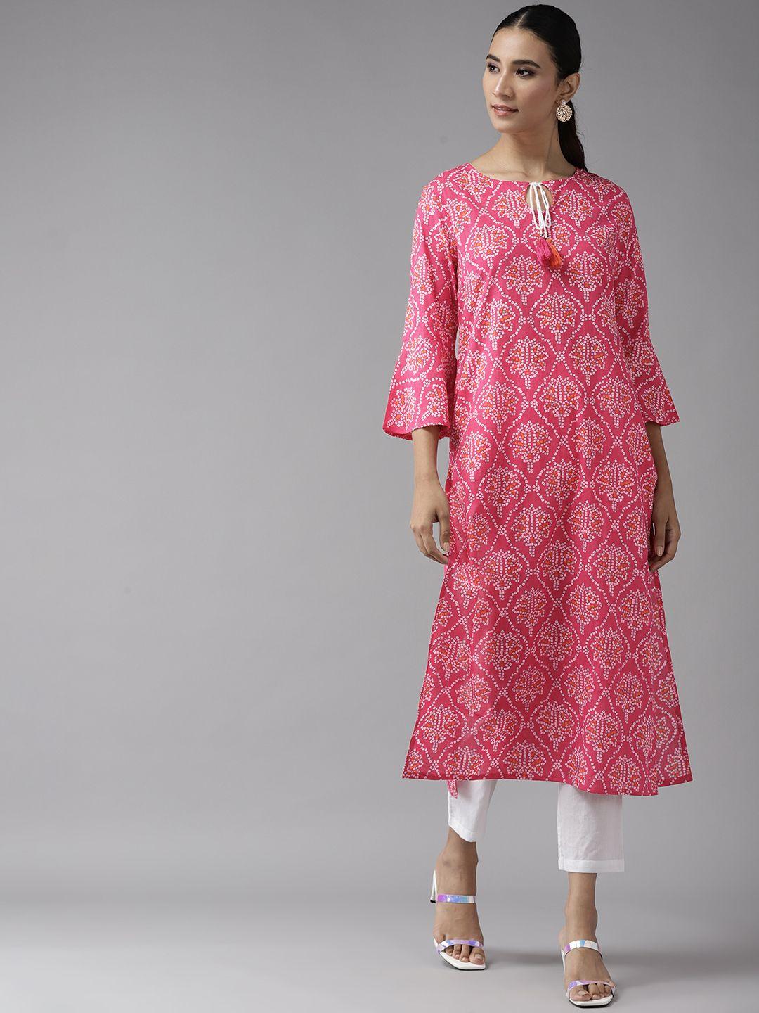 amirah s women fuchsia pink & white bandhani printed regular cotton kurta with trousers