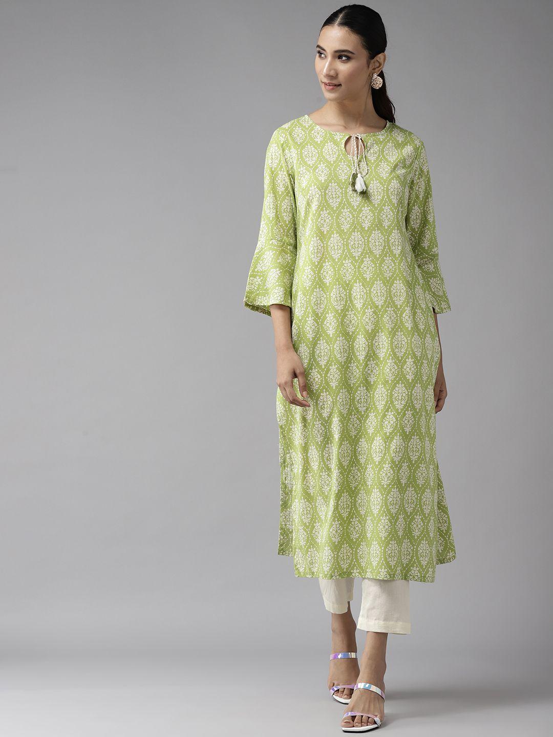 amirah s women green & off-white ethnic motifs printed regular kurta with trousers
