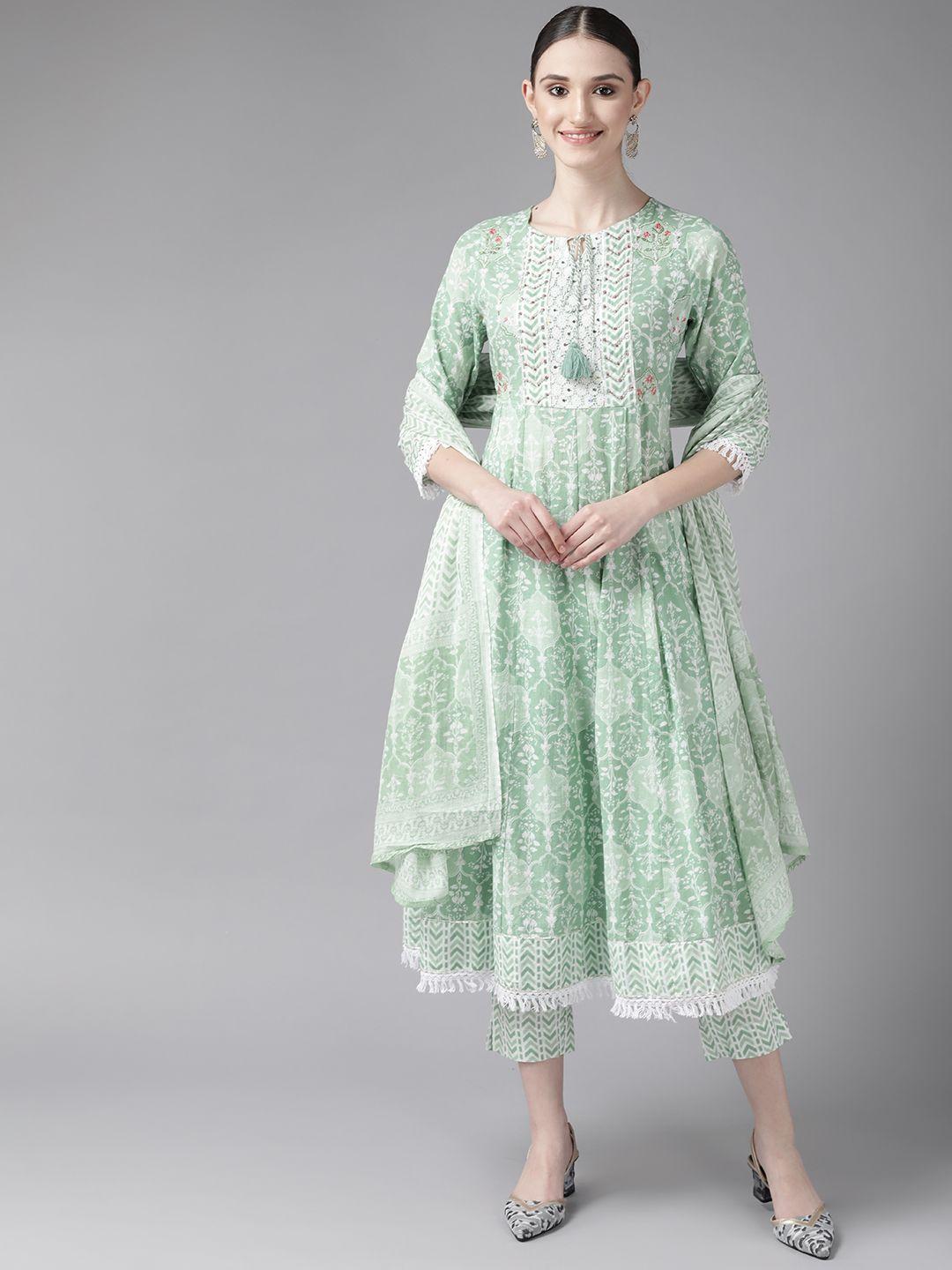 amirah s women green floral embroidered pure cotton kurta set