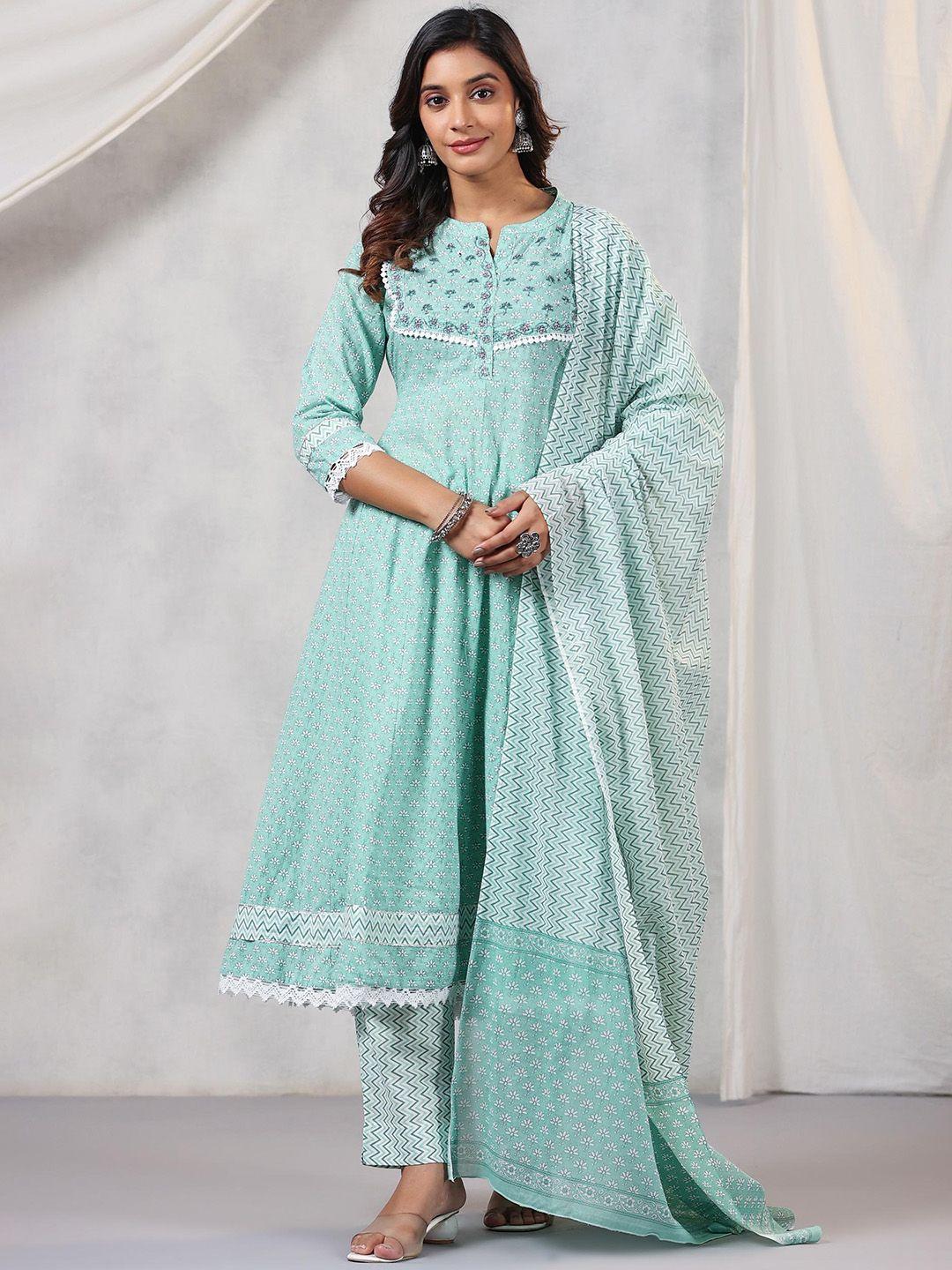 amirah s women green floral embroidered tiered beads and stones pure cotton kurta with trousers & with