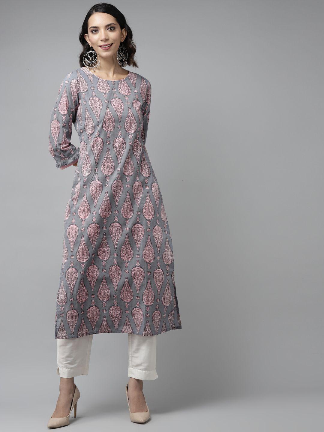 amirah s women grey & pink ethnic motifs printed block print kurta