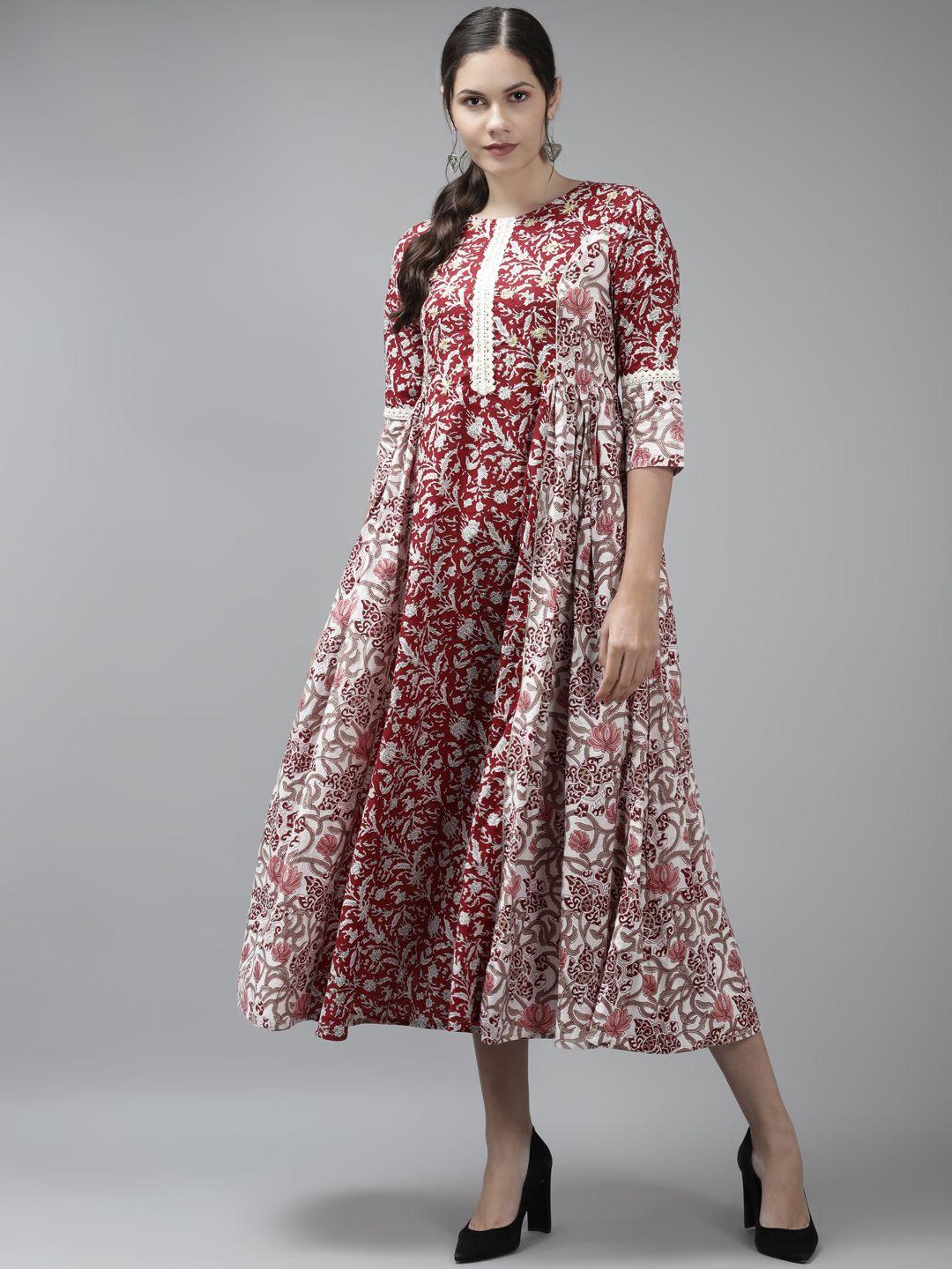 amirah s women maroon & white ethnic motifs printed pure cotton a-line midi dress