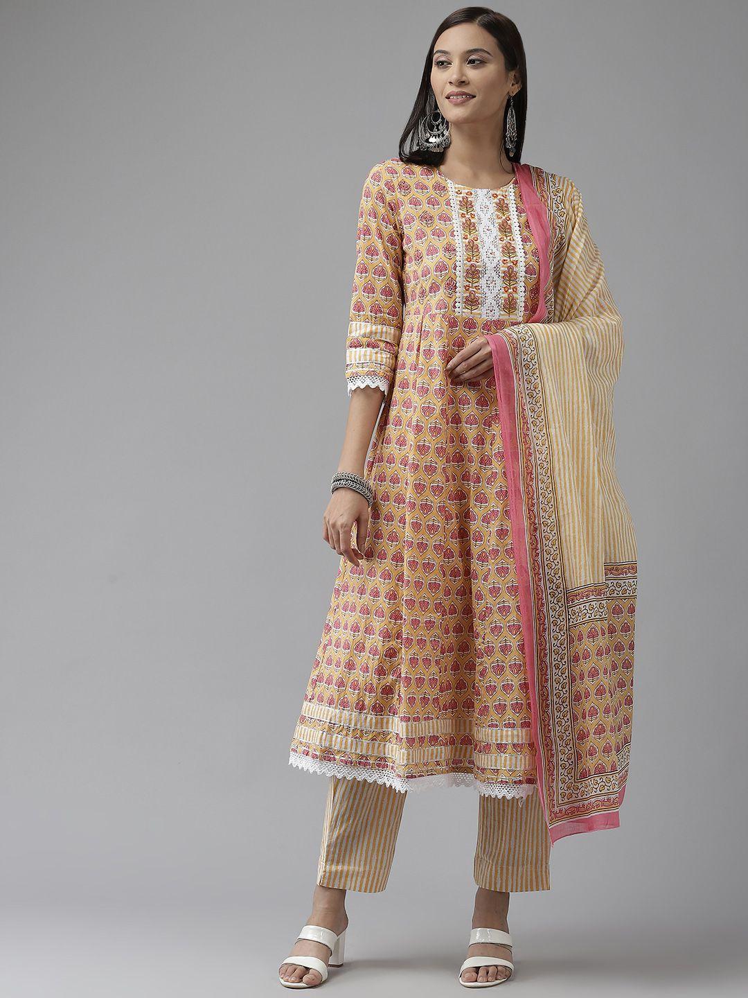 amirah s women mustard yellow ethnic motifs printed cotton kurta with trousers & dupatta