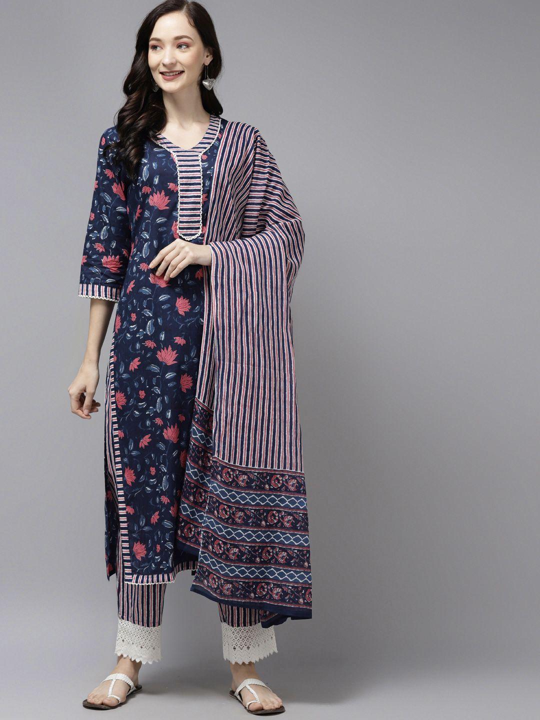 amirah s women navy blue floral printed regular pure cotton kurta with palazzos & with dupatta