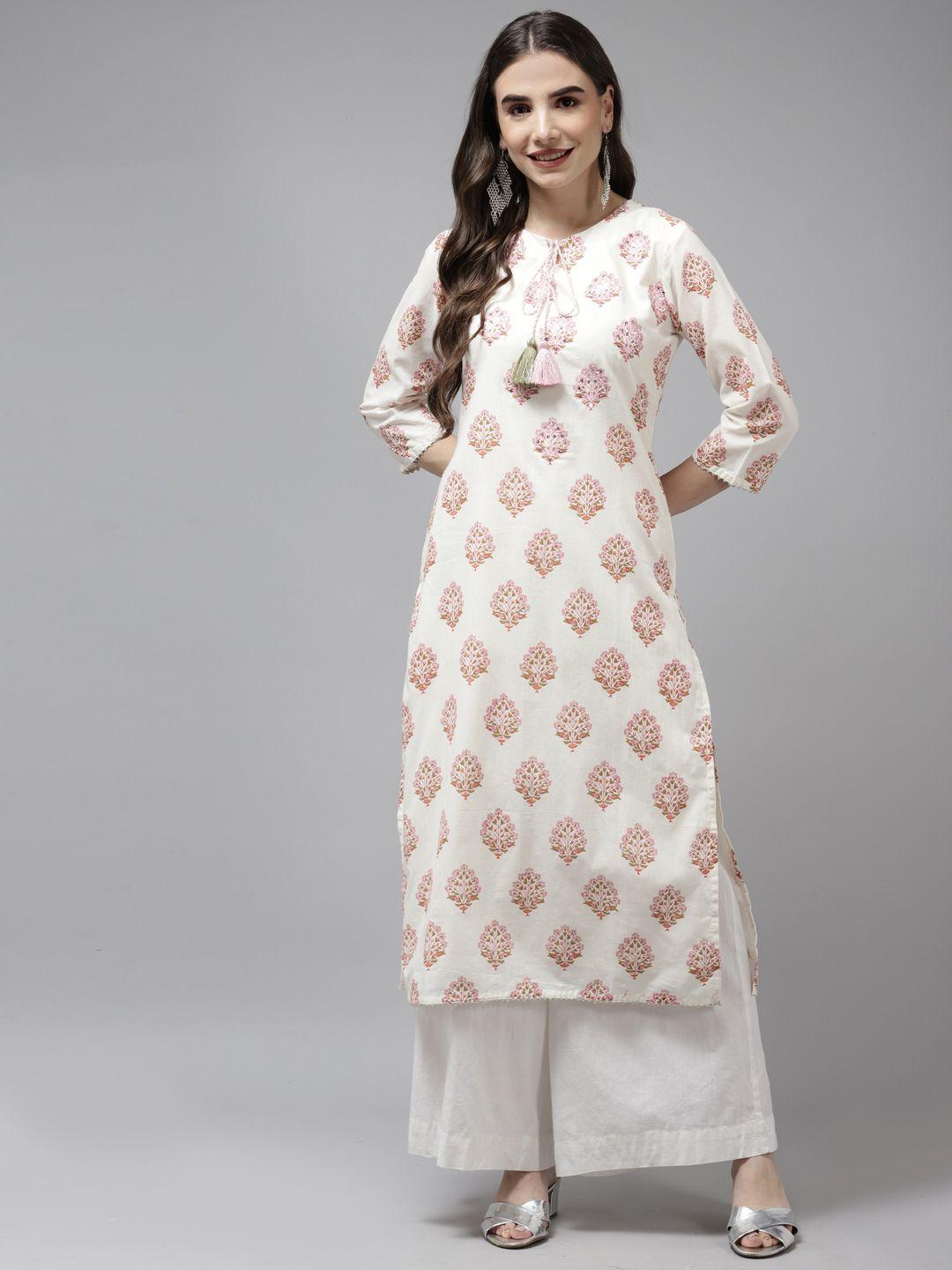 amirah s women off white & pink ethnic motifs printed pure cotton kurta