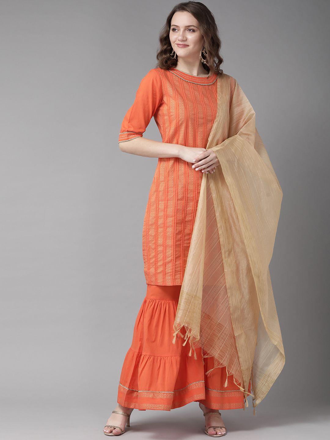 amirah s women orange ethnic motifs printed regular beads and stones pure cotton kurta with sharara & with