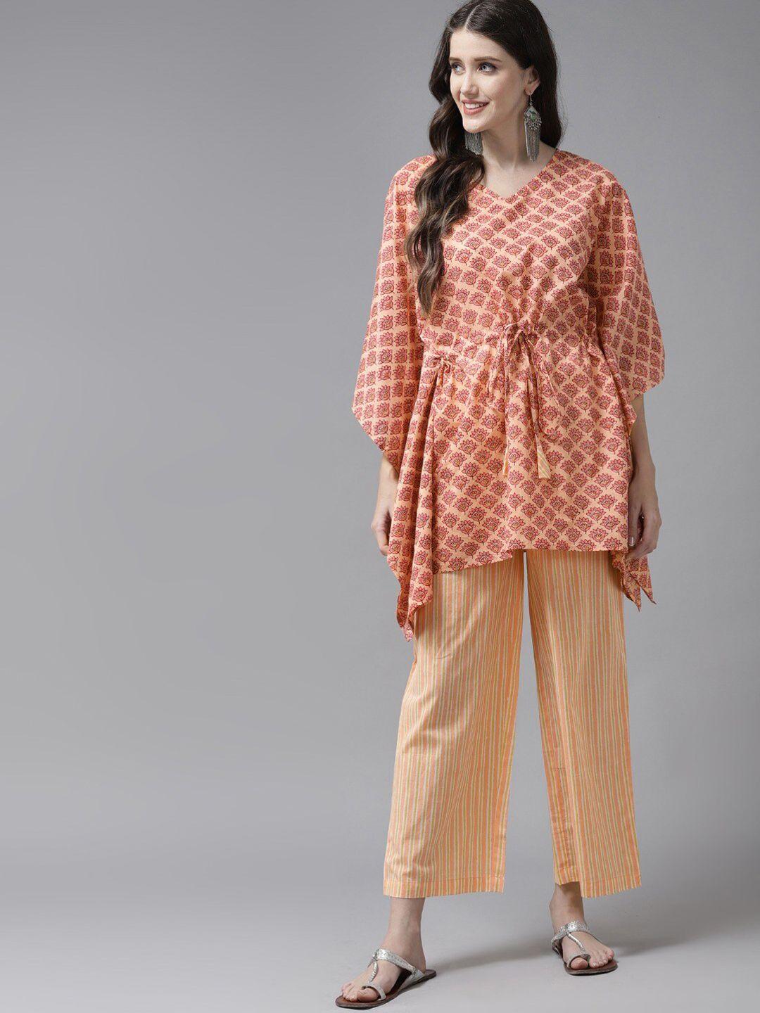 amirah s women peach-coloured ethnic motifs printed  pure cotton kurta with trousers
