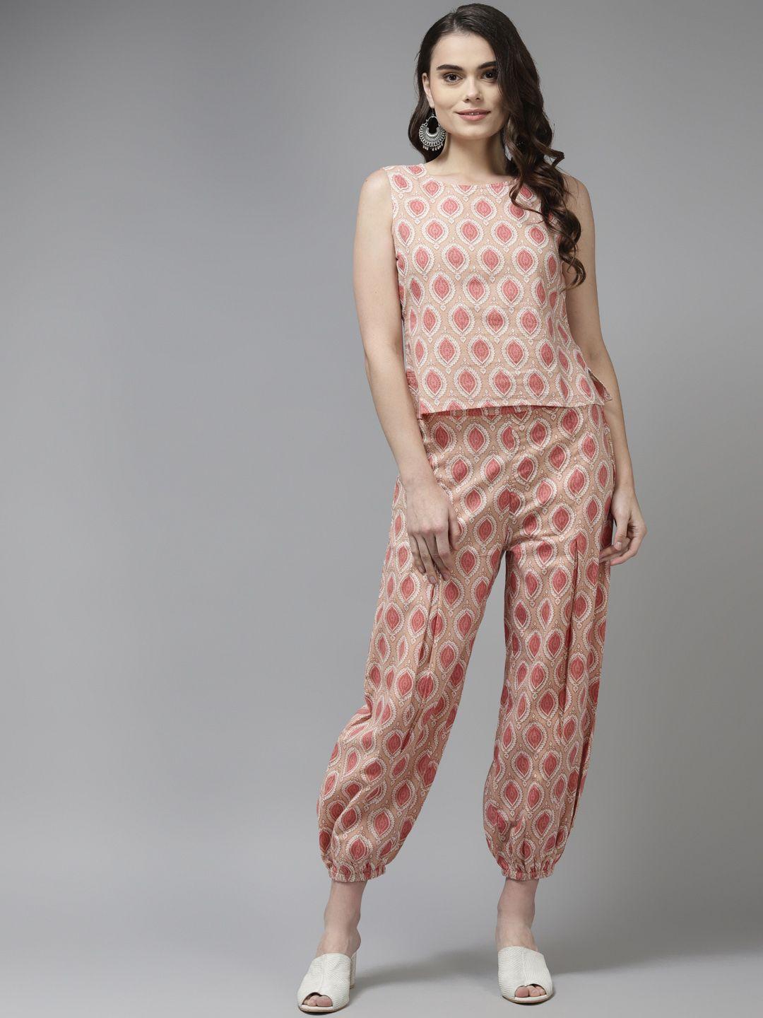 amirah s women peach-coloured ethnic motifs printed pure cotton top with trousers