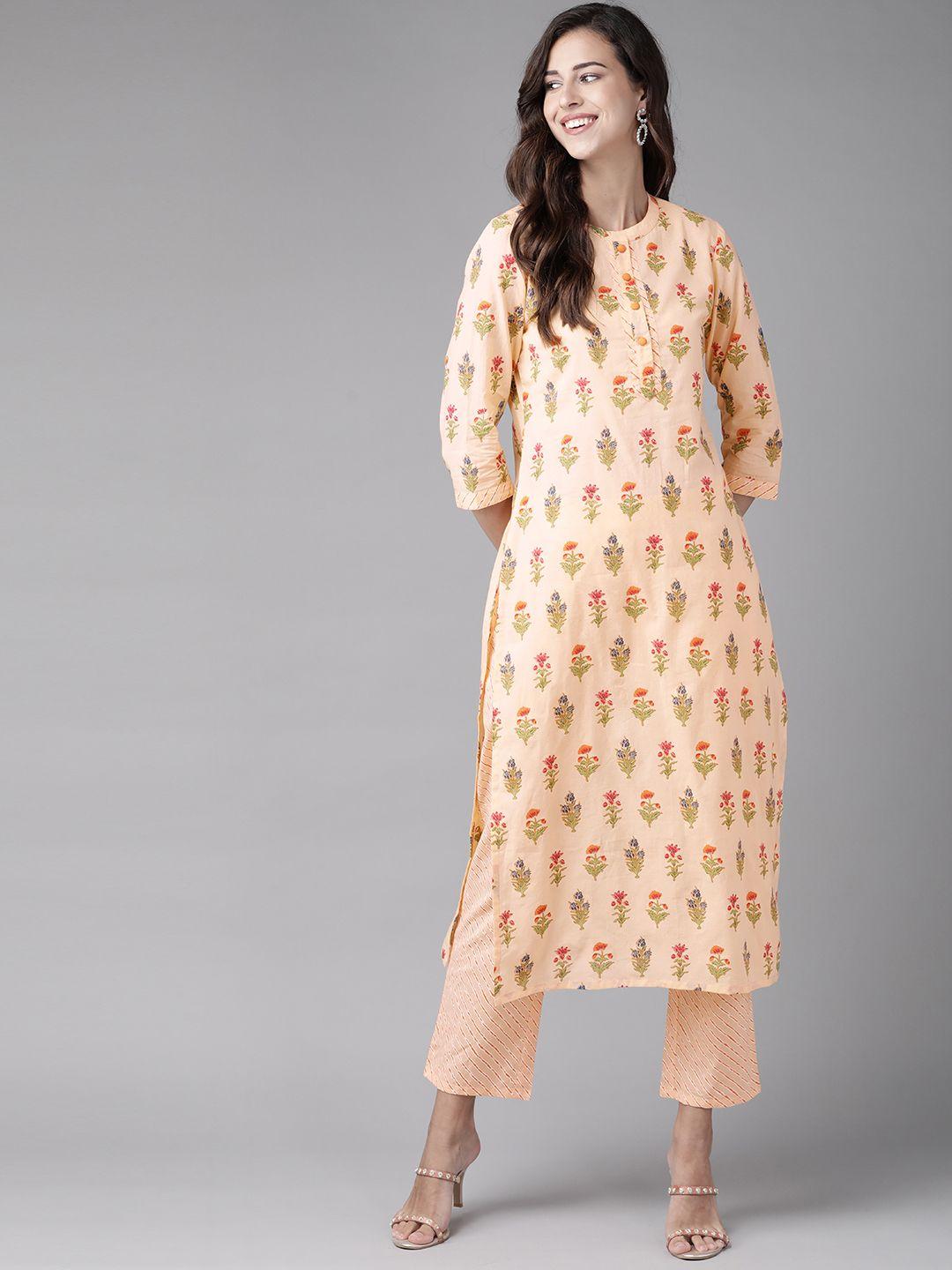 amirah s women peach-coloured ethnic print pure cotton kurta with trousers