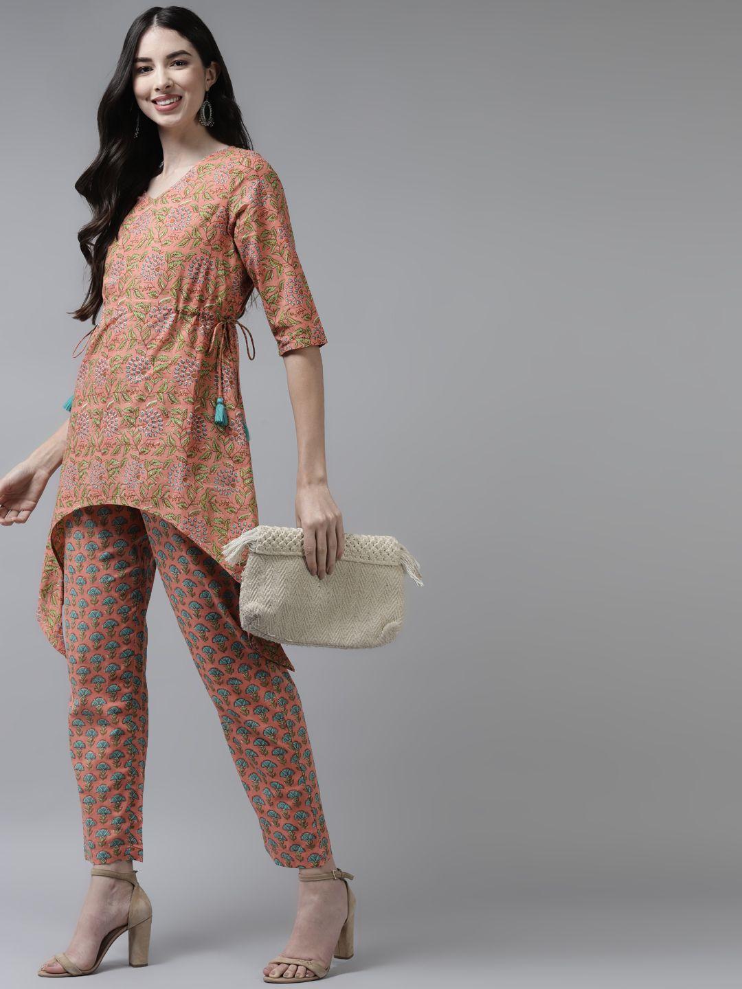 amirah s women peach-coloured printed regular pure cotton kurti with trousers