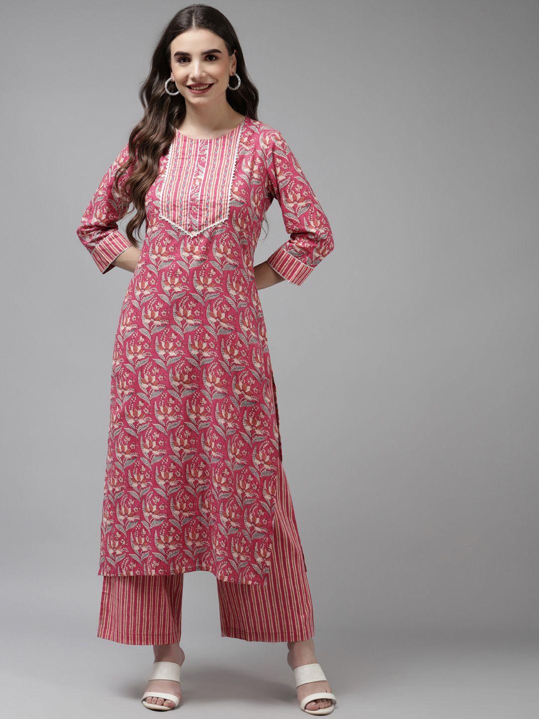 amirah s women pink ethnic motifs printed pure cotton kurta with palazzos