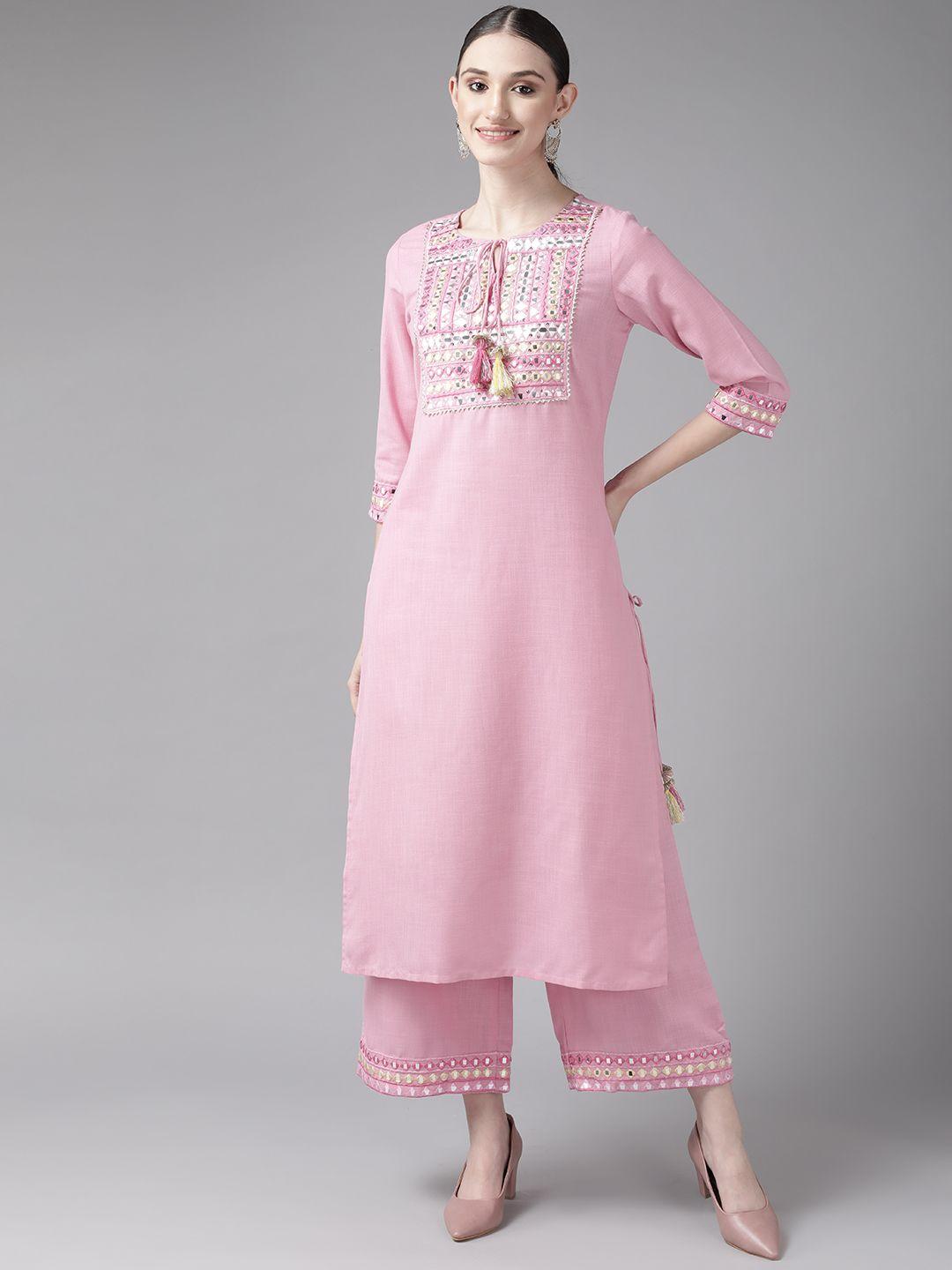 amirah s women pink mirror work kurta set