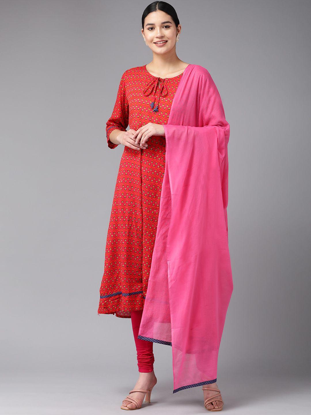 amirah s women red floral printed cotton kurta with dupatta