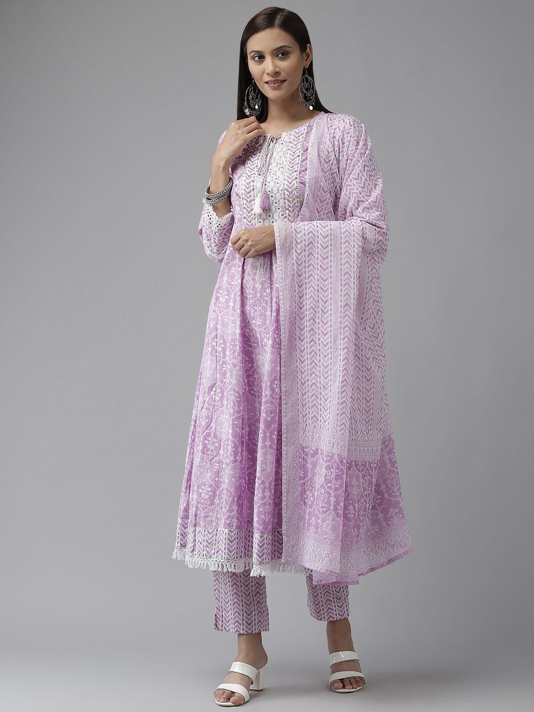 amirah s women violet ethnic motifs printed pure cotton kurta with trousers &  dupatta