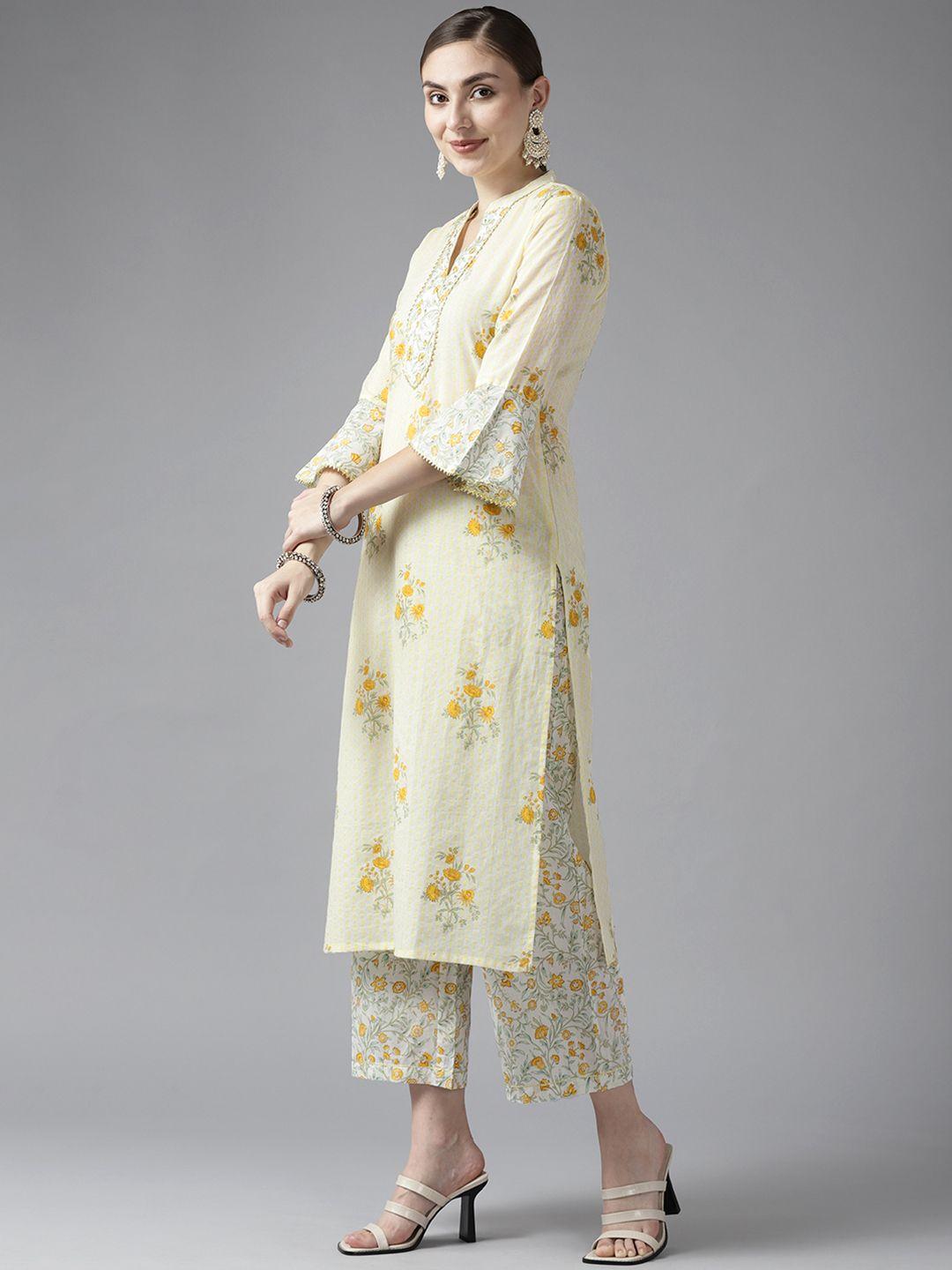 amirah s women white ethnic motifs printed sequinned pure cotton kurta with palazzos