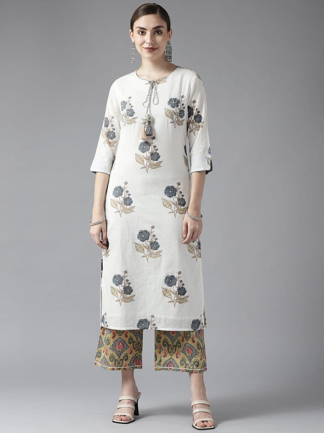 amirah s women white printed pure cotton kurta with palazzos