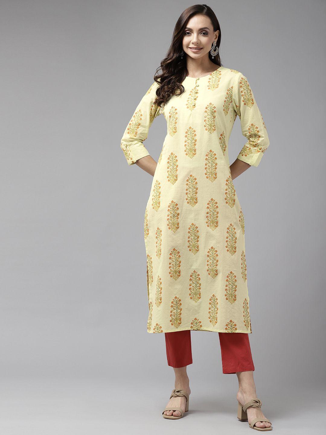 amirah s women yellow & green ethnic motifs printed pure cotton straight kurta