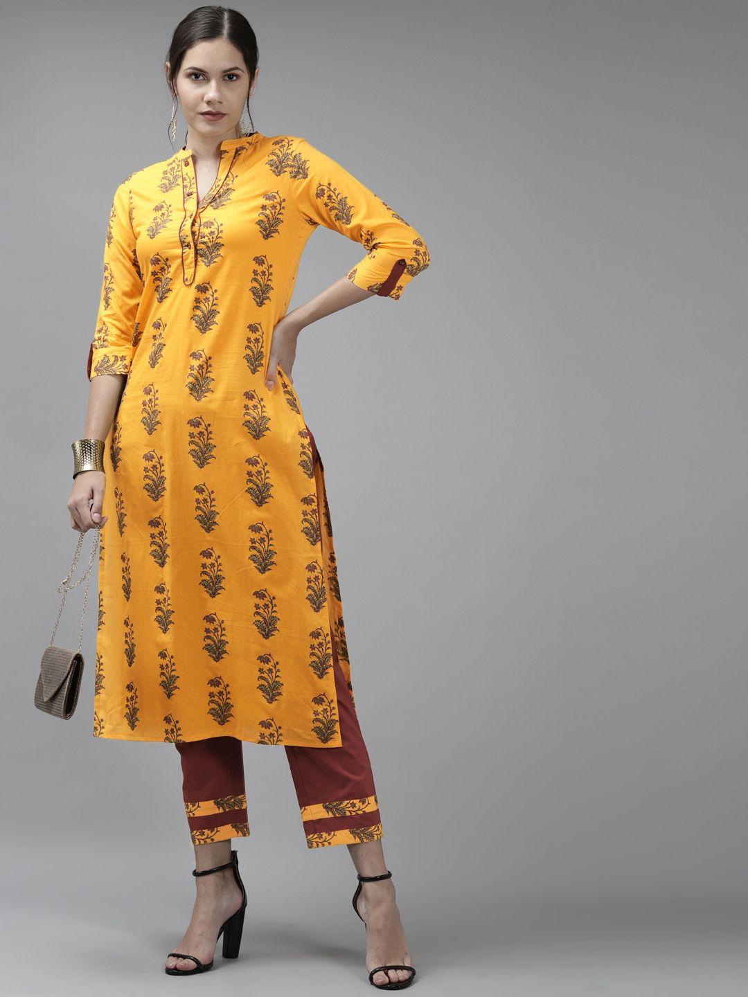 amirah s women yellow and maroon ethnic motifs printed pure cotton kurta with trousers