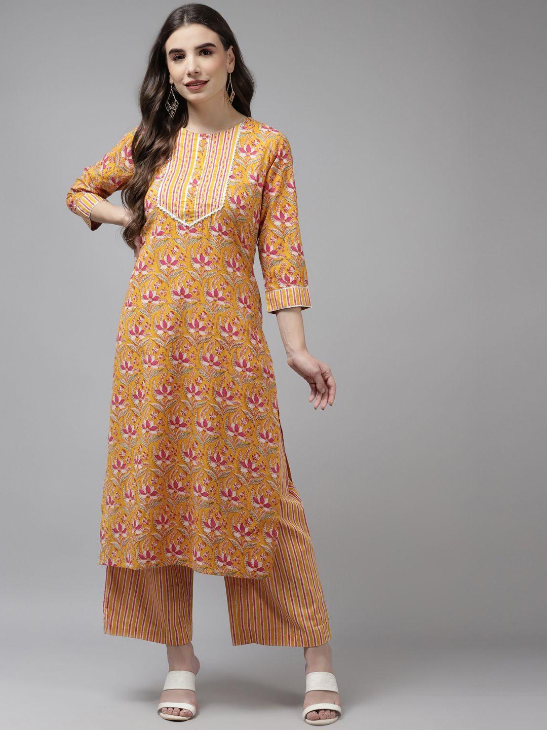 amirah s women yellow ethnic motifs printed pure cotton kurta with palazzos