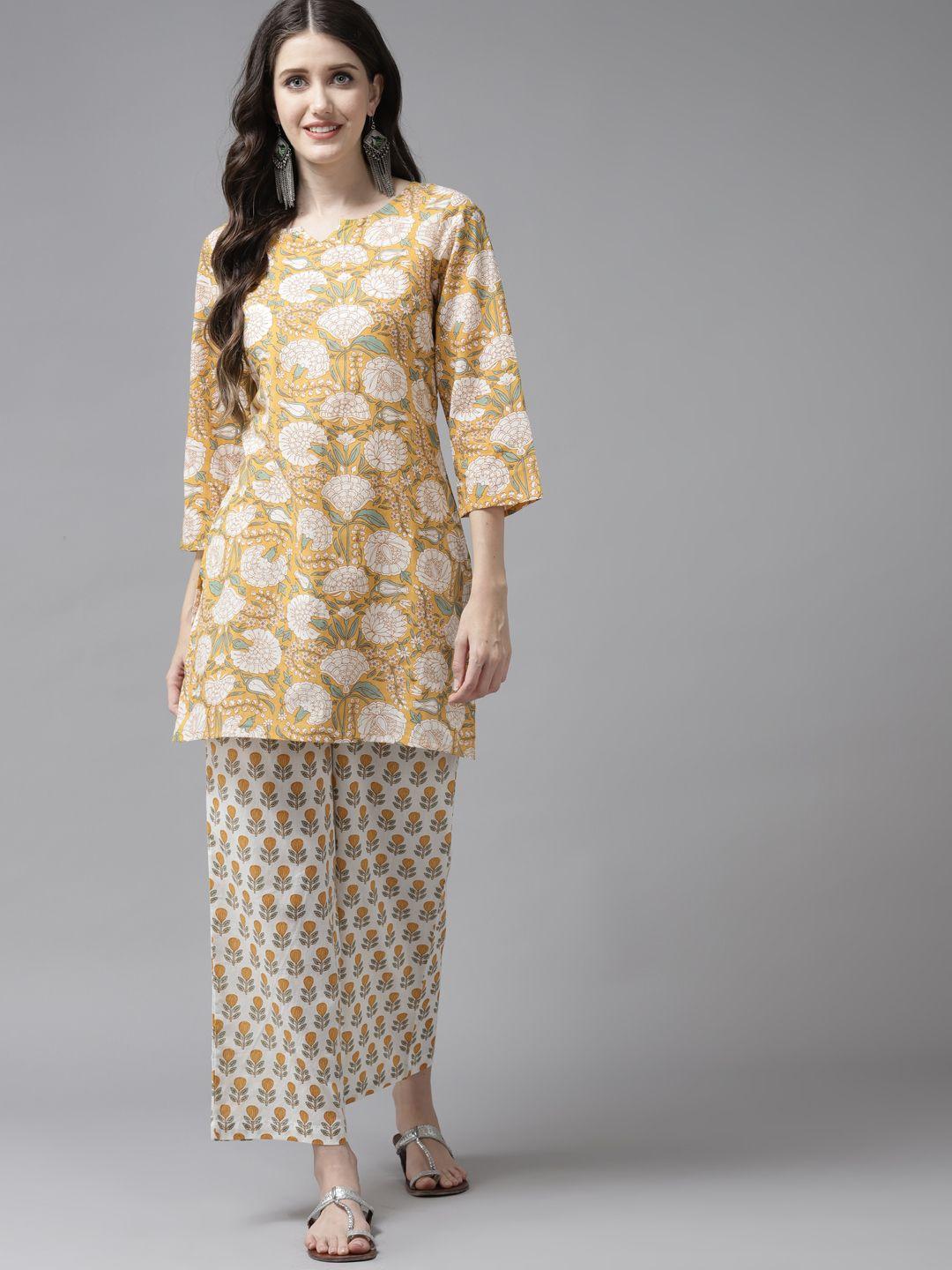 amirah s women yellow ethnic motifs printed pure cotton kurti with pyjamas