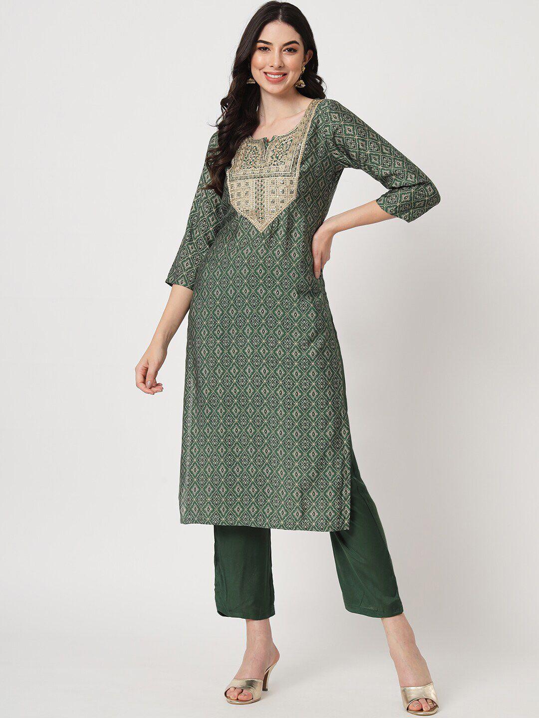 amiras indian ethnic wear women green ethnic motifs embroidered regular pure silk kurta with trousers