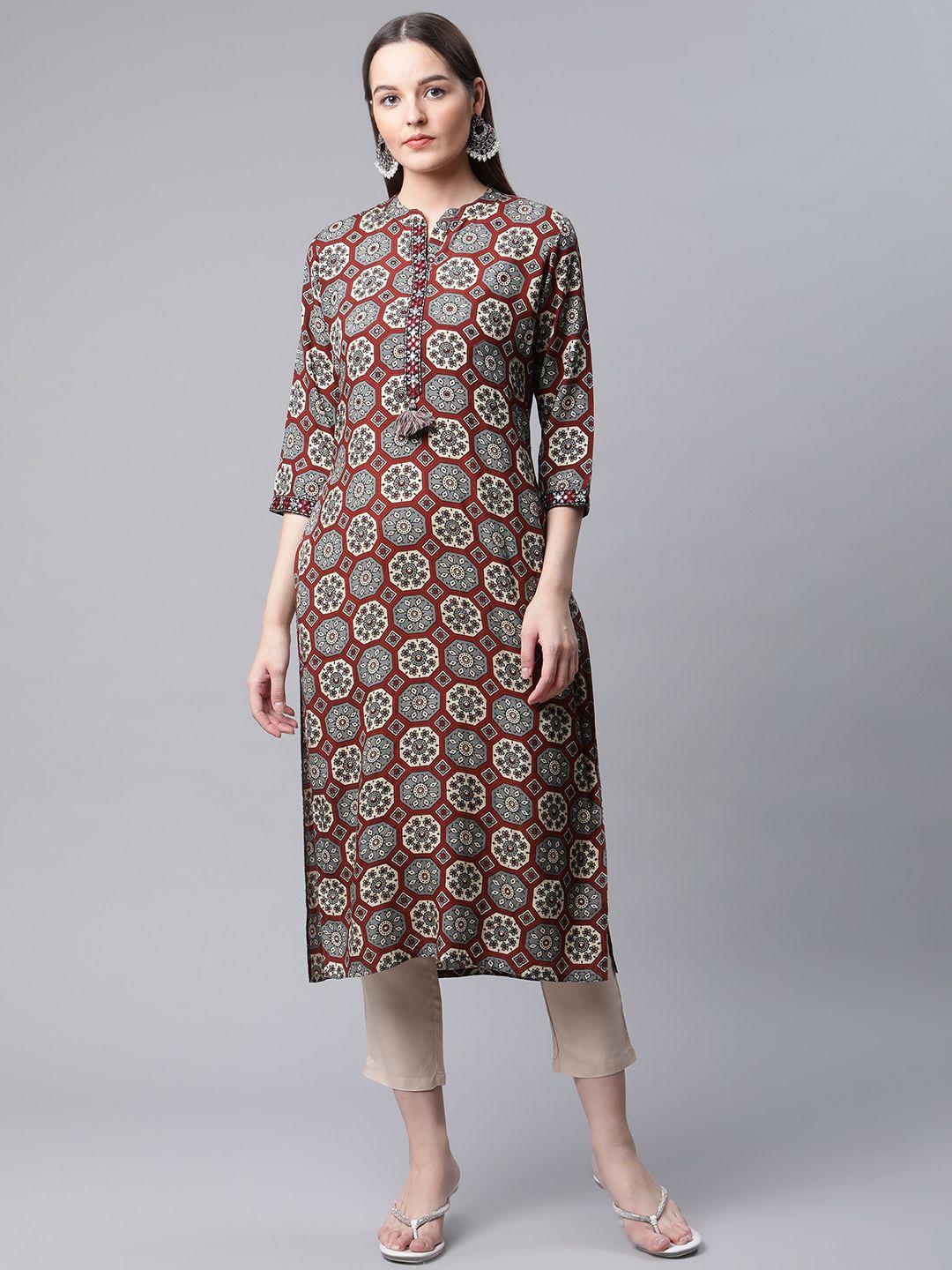 amiras indian ethnic wear women maroon ethnic motifs printed kurta with trousers