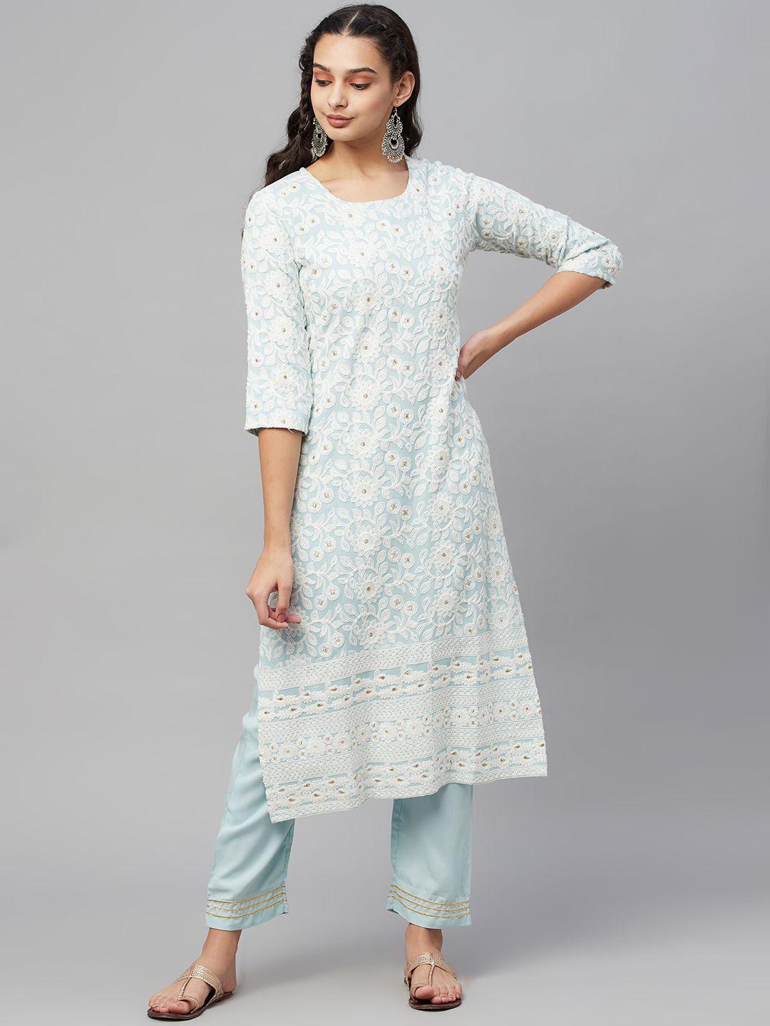 amiras indian ethnic wear women turquoise blue ethnic motifs embroidered kurta with trousers