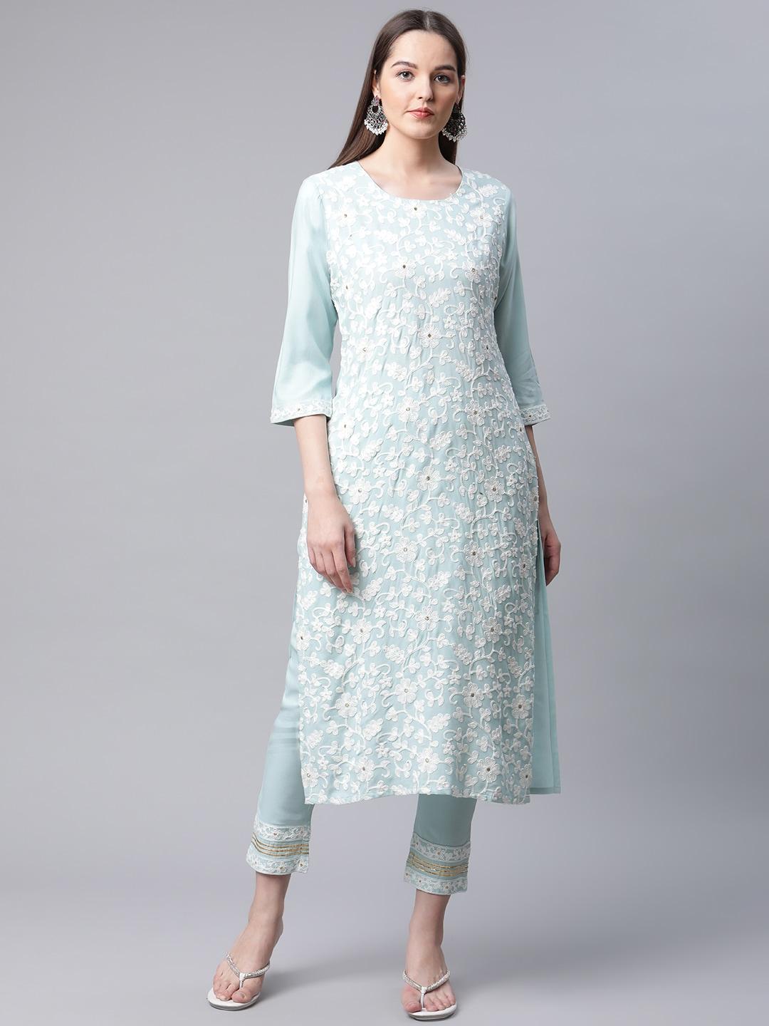 amiras indian ethnic wear women turquoise blue floral kurta with palazzos