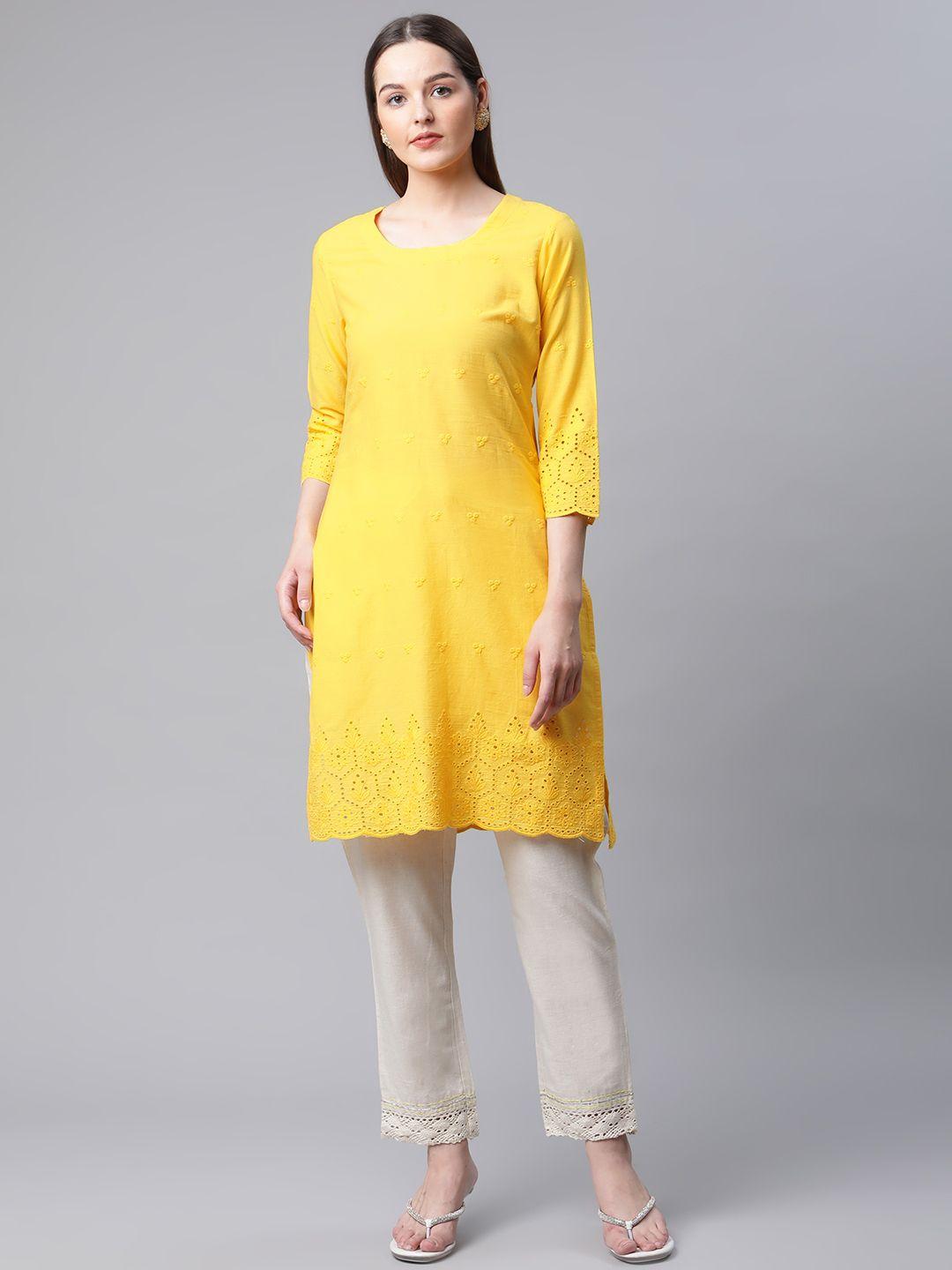 amiras indian ethnic wear women yellow pure cotton kurta with trousers