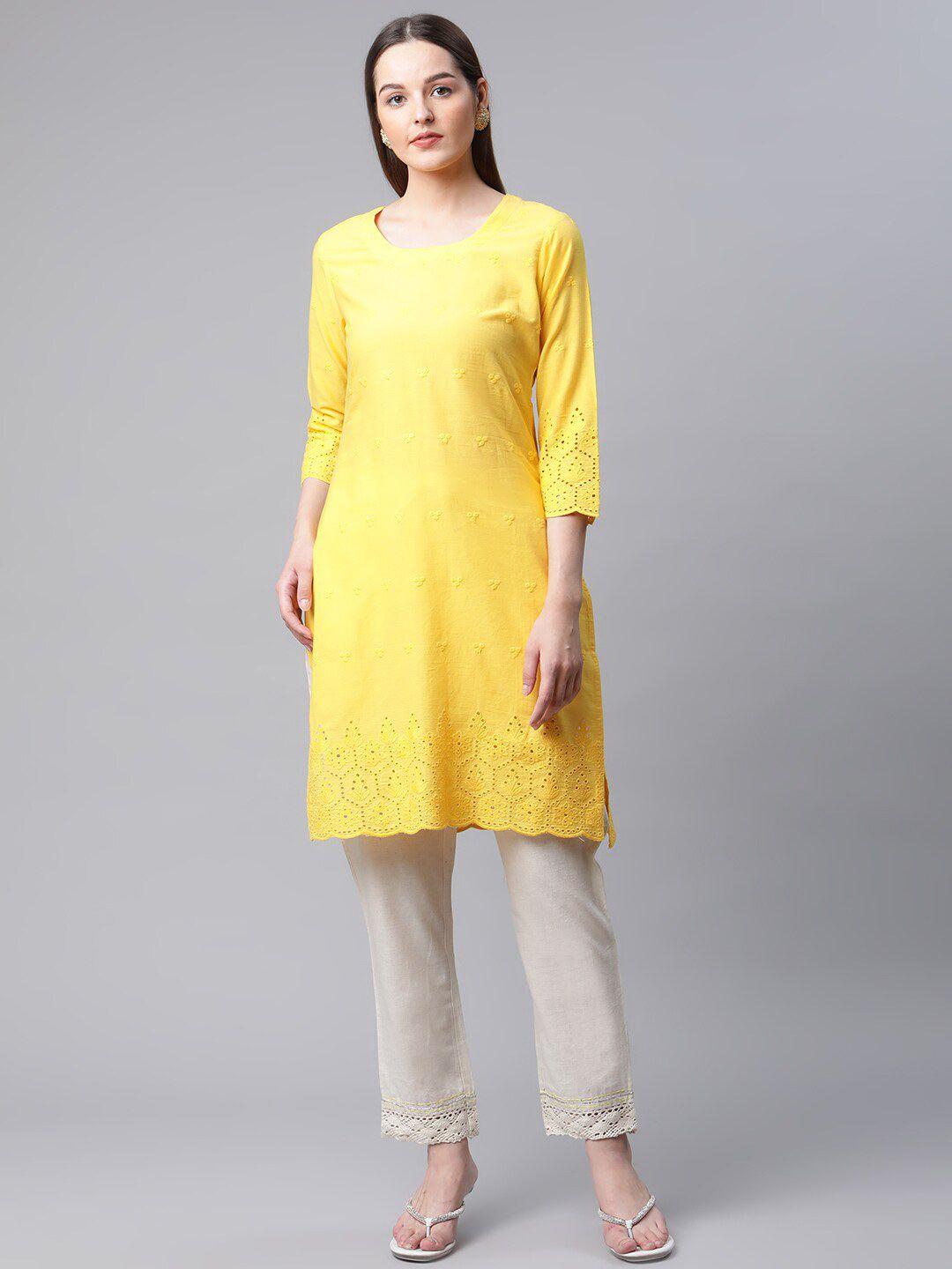 amiras indian ethnic wear floral embroidered pure cotton kurta with trousers