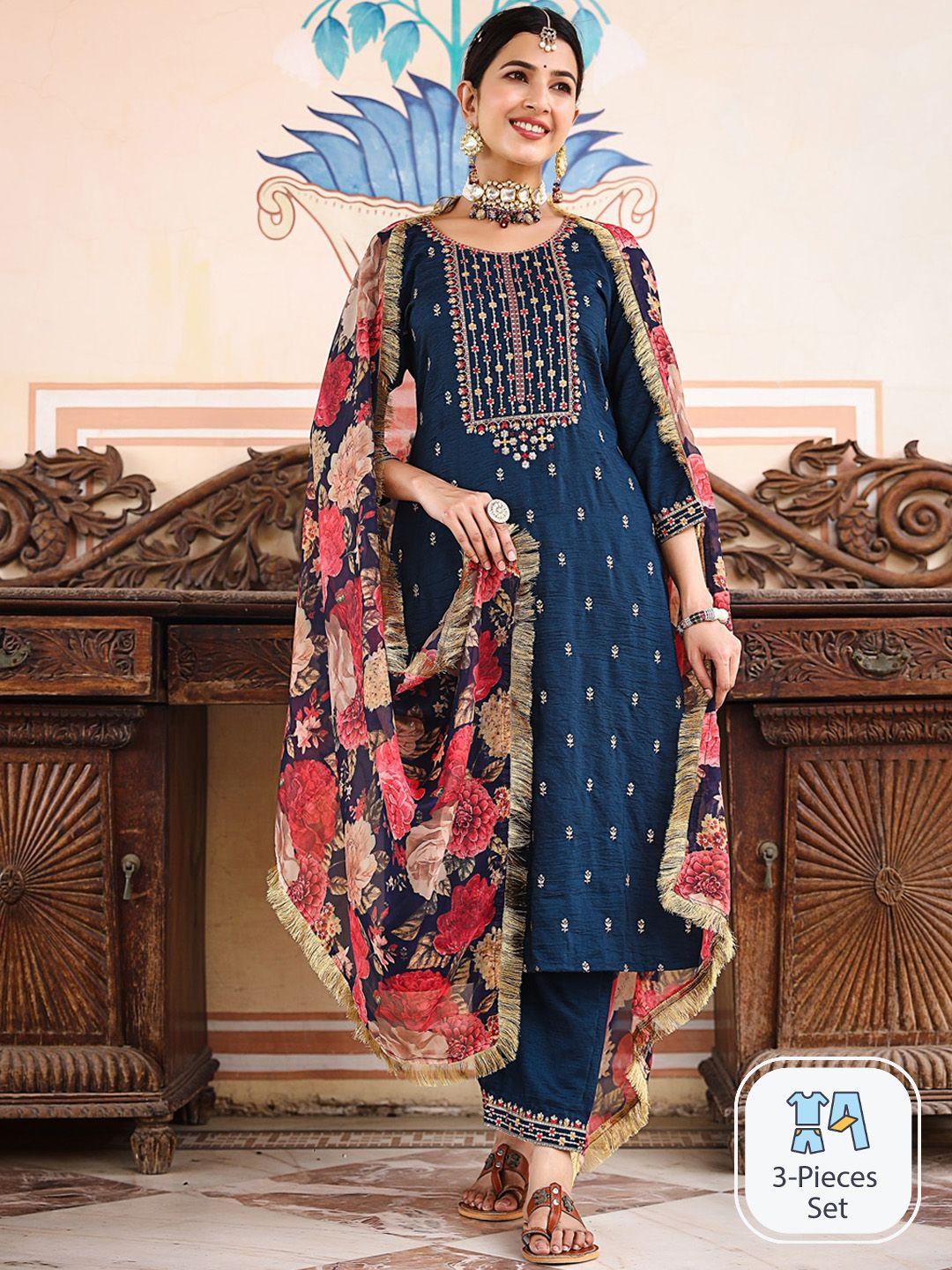 amiras indian ethnic wear floral sequinned embroidered kurta with trousers & dupatta