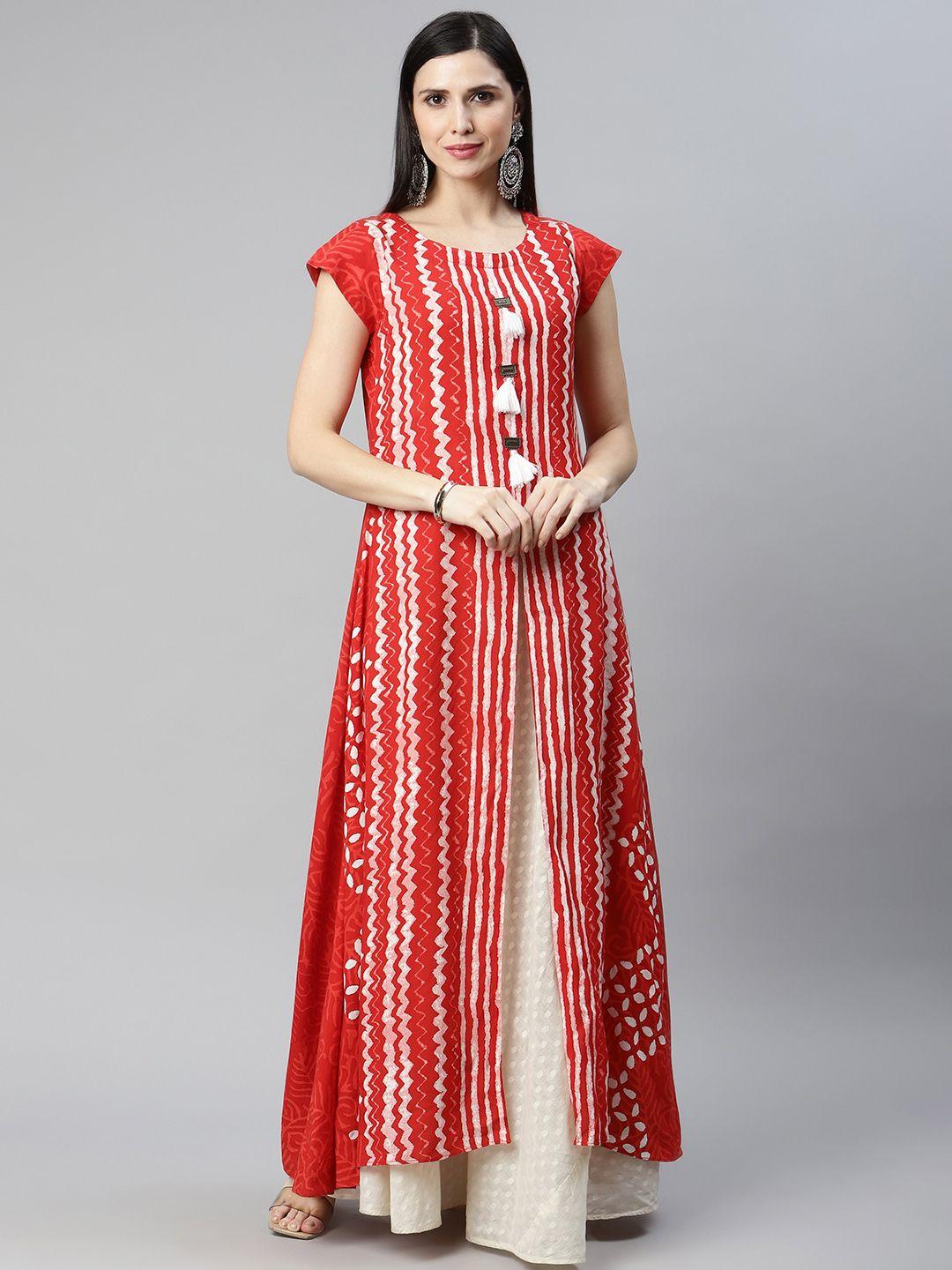 amiras indian ethnic wear red & white striped ethnic a-line maxi dress