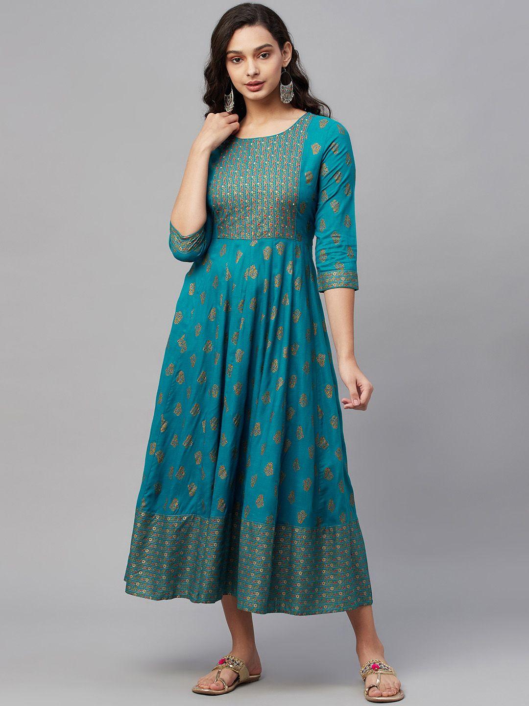 amiras indian ethnic wear teal blue & golden ethnic motifs ethnic midi dress